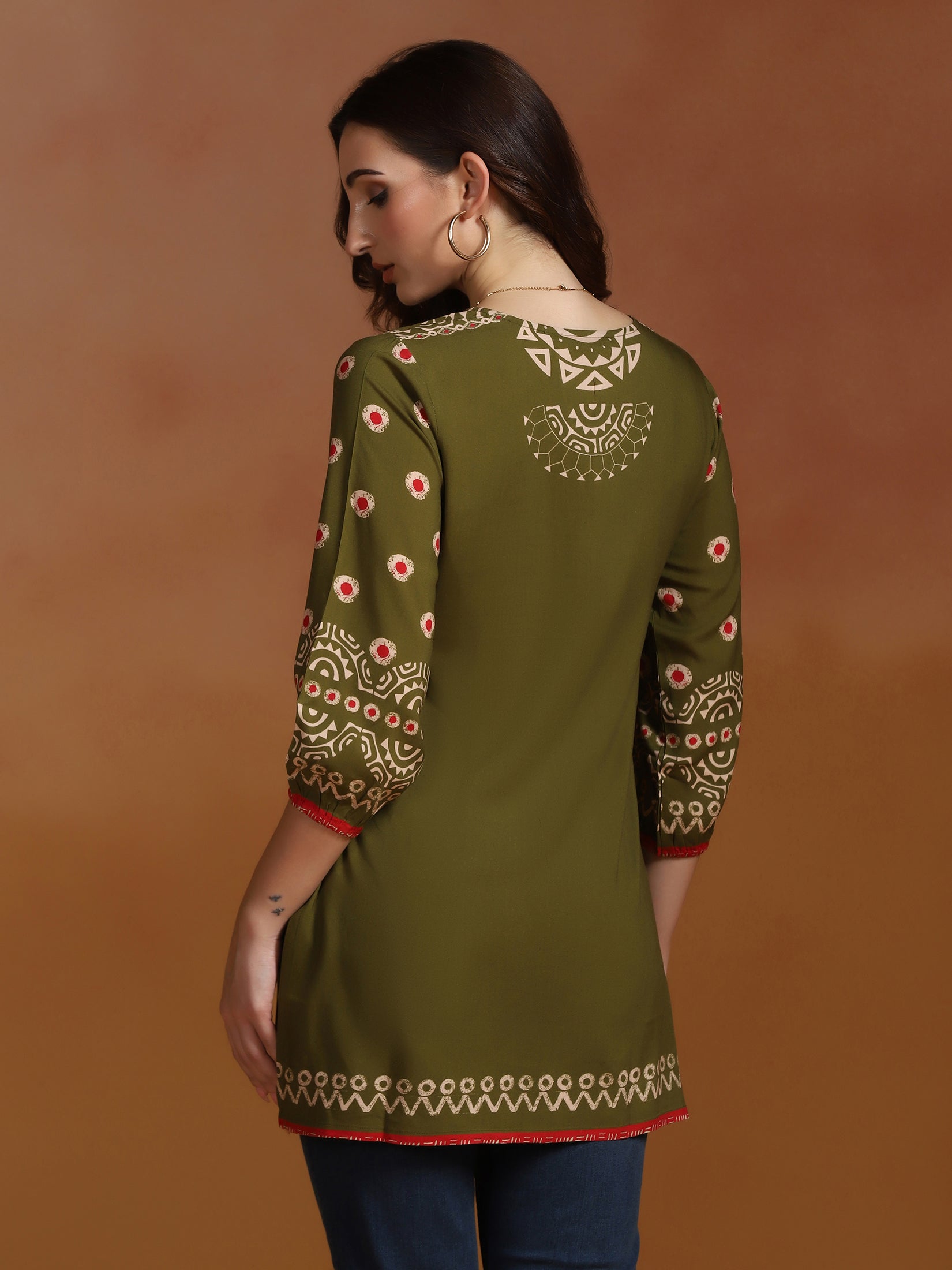 Women Liva Olive Geometric Print Tunic