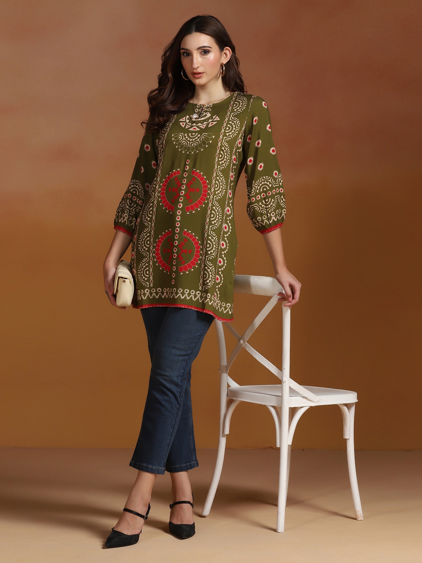 Women Liva Olive Geometric Print Tunic