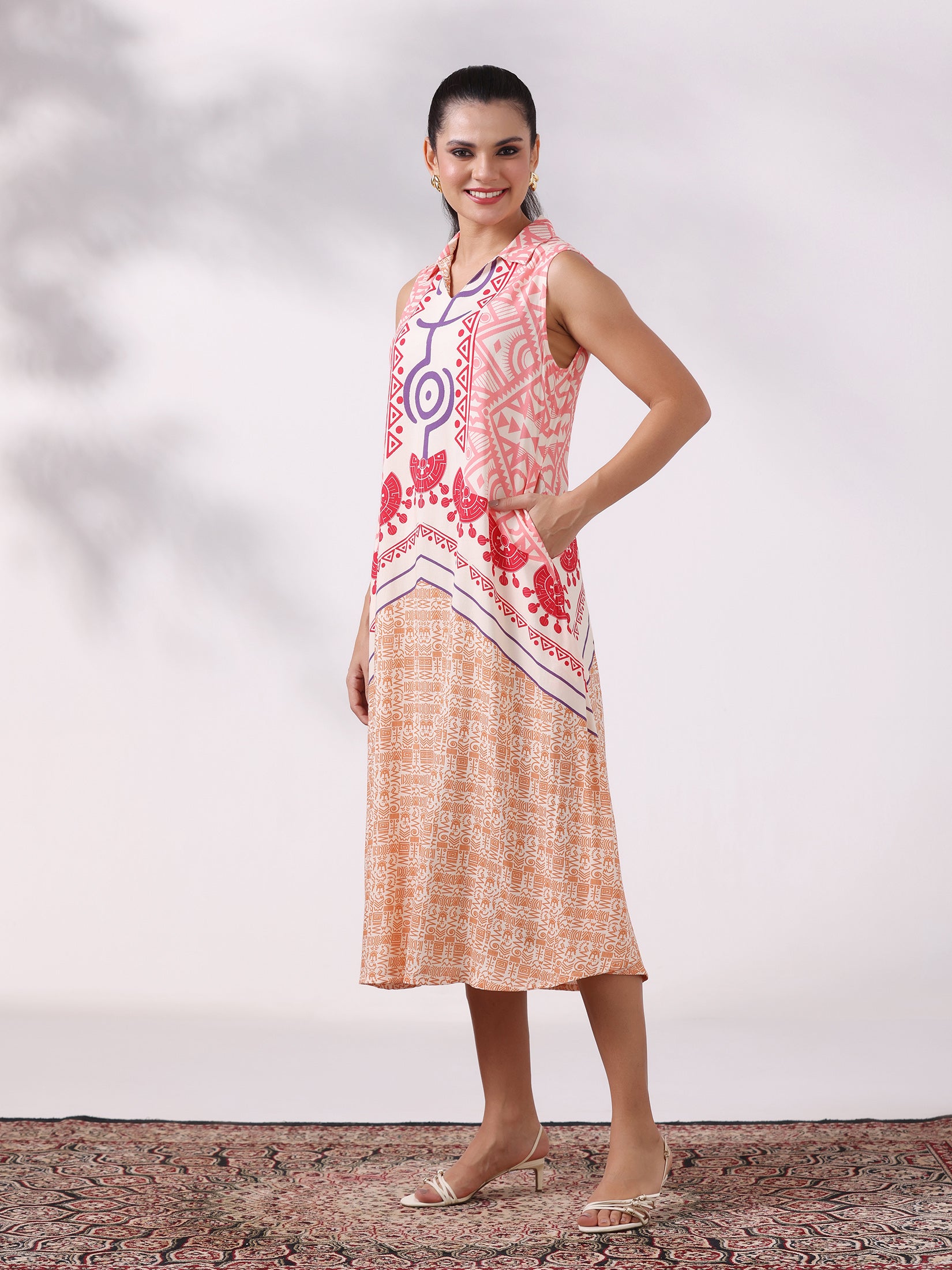 Women Liva Peach Multi Printed Dress