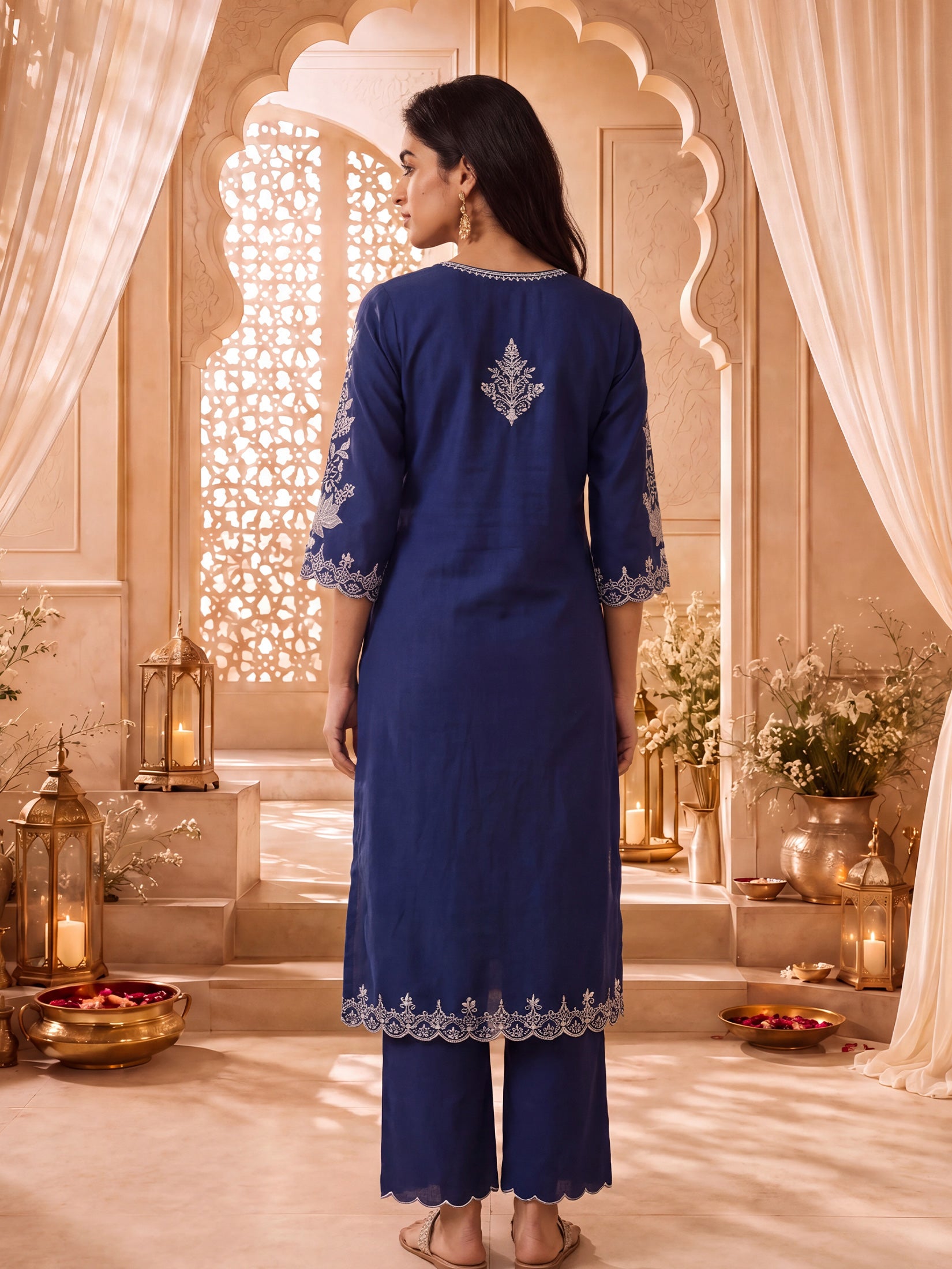 Women Cotton Navy Blue Solid Embroidered Kurta With Comfort Pant.