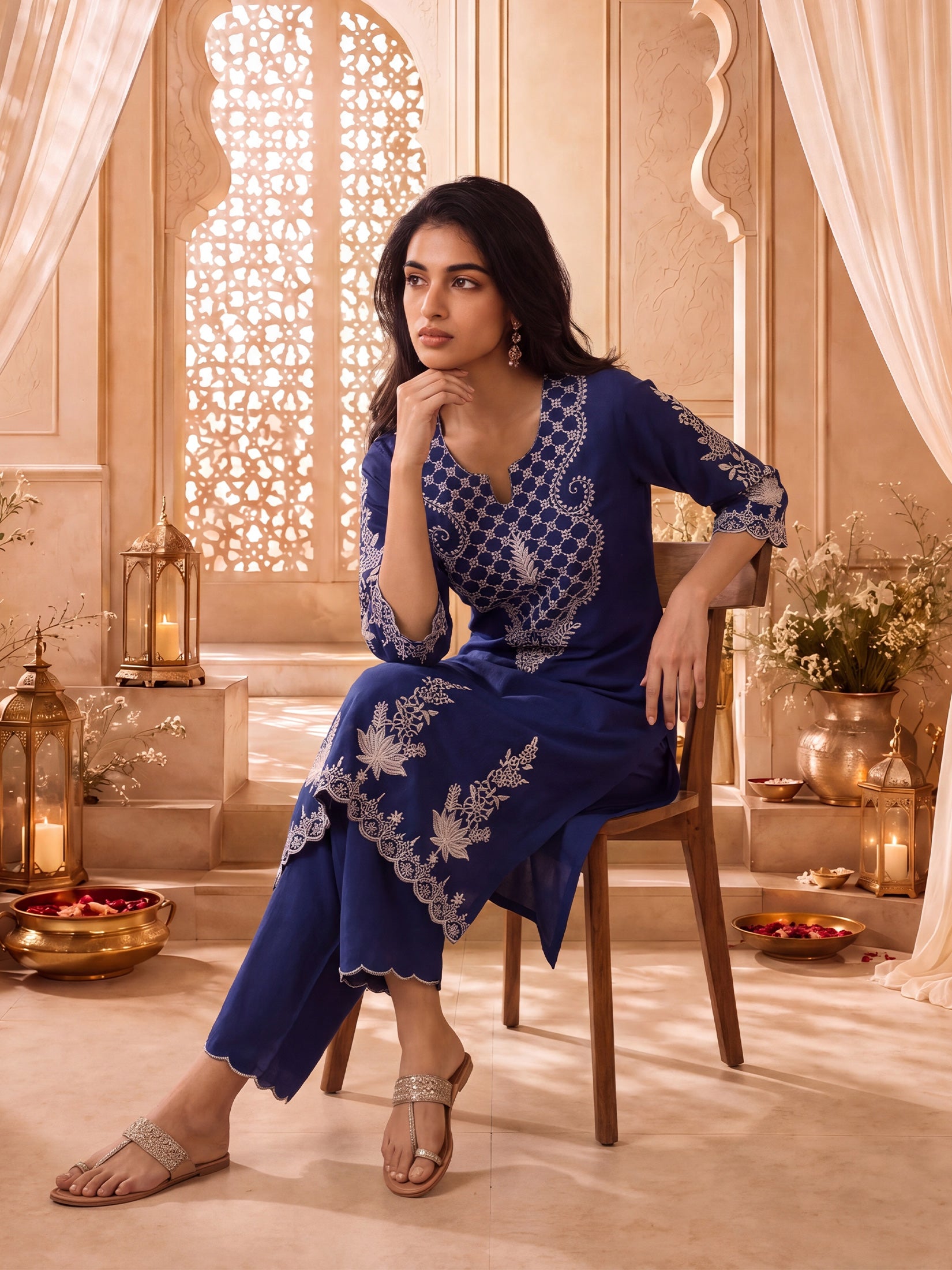 Women Cotton Navy Blue Solid Embroidered Kurta With Comfort Pant.