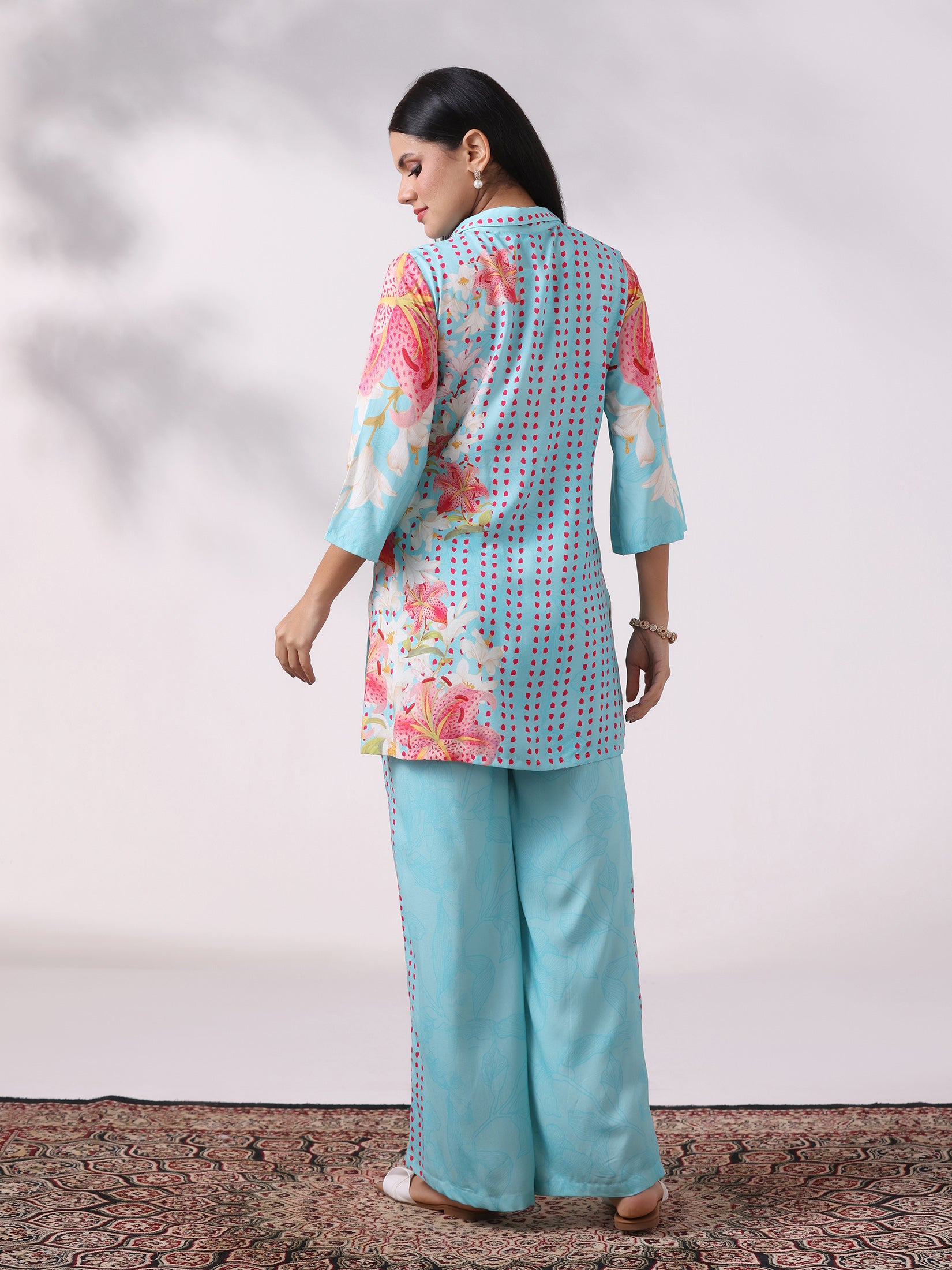 Women Liva Aqua Floral Print Co-Ord Set