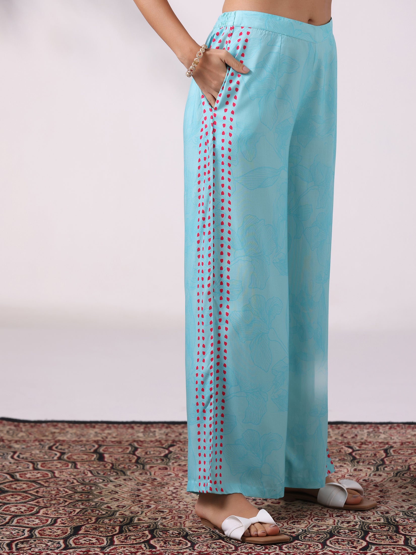 Women Liva Aqua Floral Print Co-Ord Set