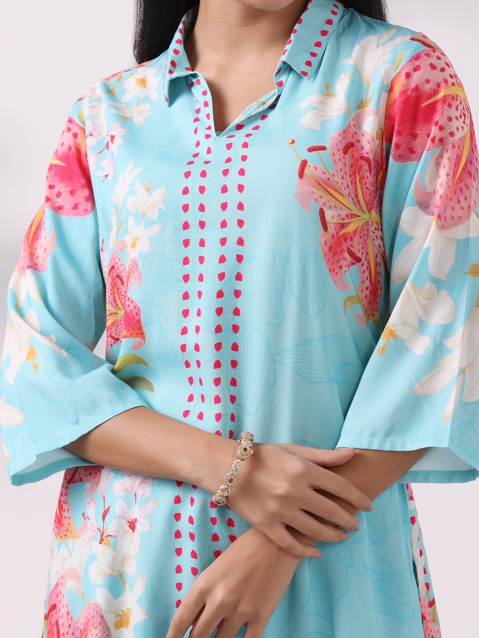 Women Liva Aqua Floral Print Co-Ord Set