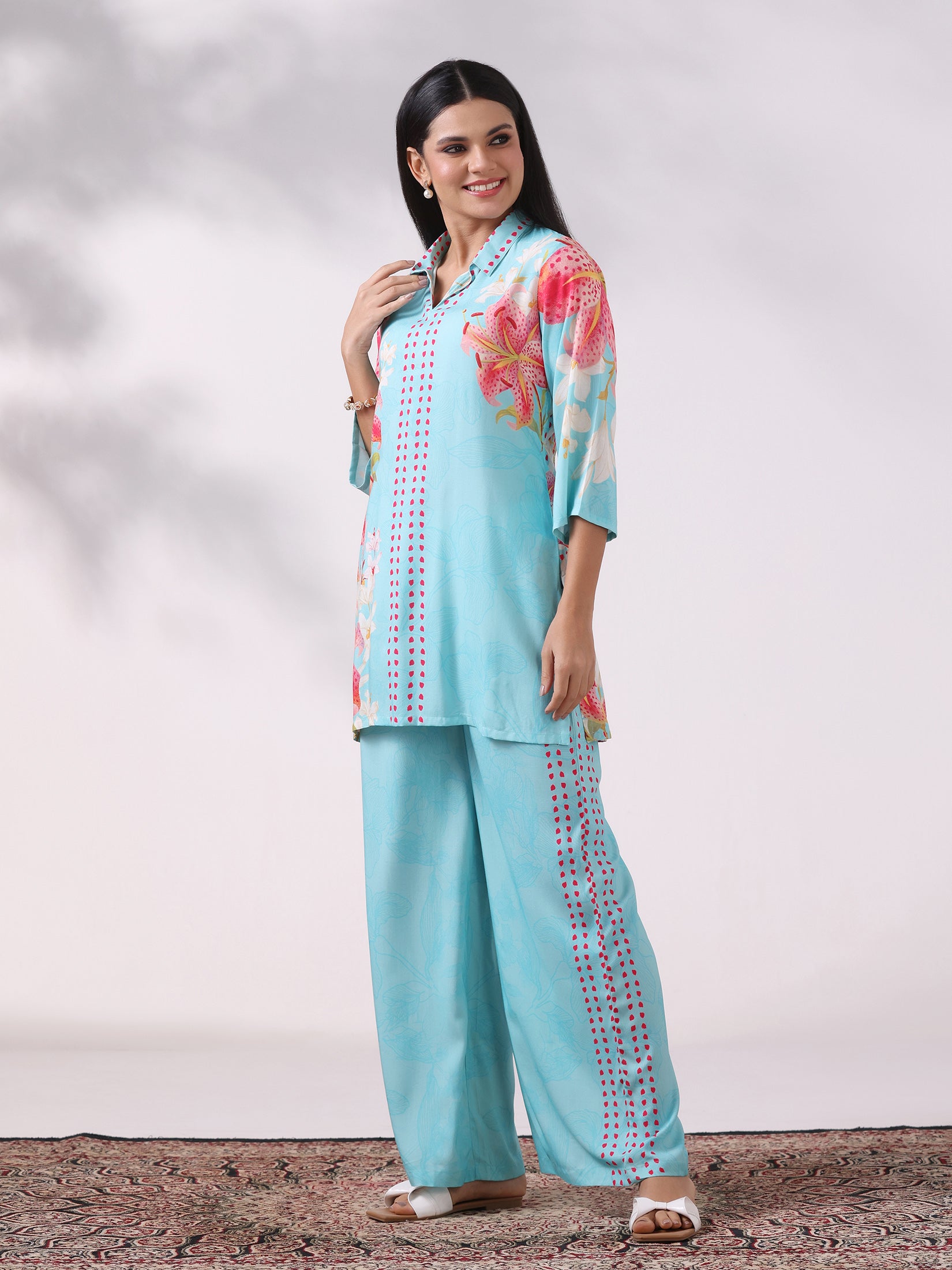 Women Liva Aqua Floral Print Co-Ord Set
