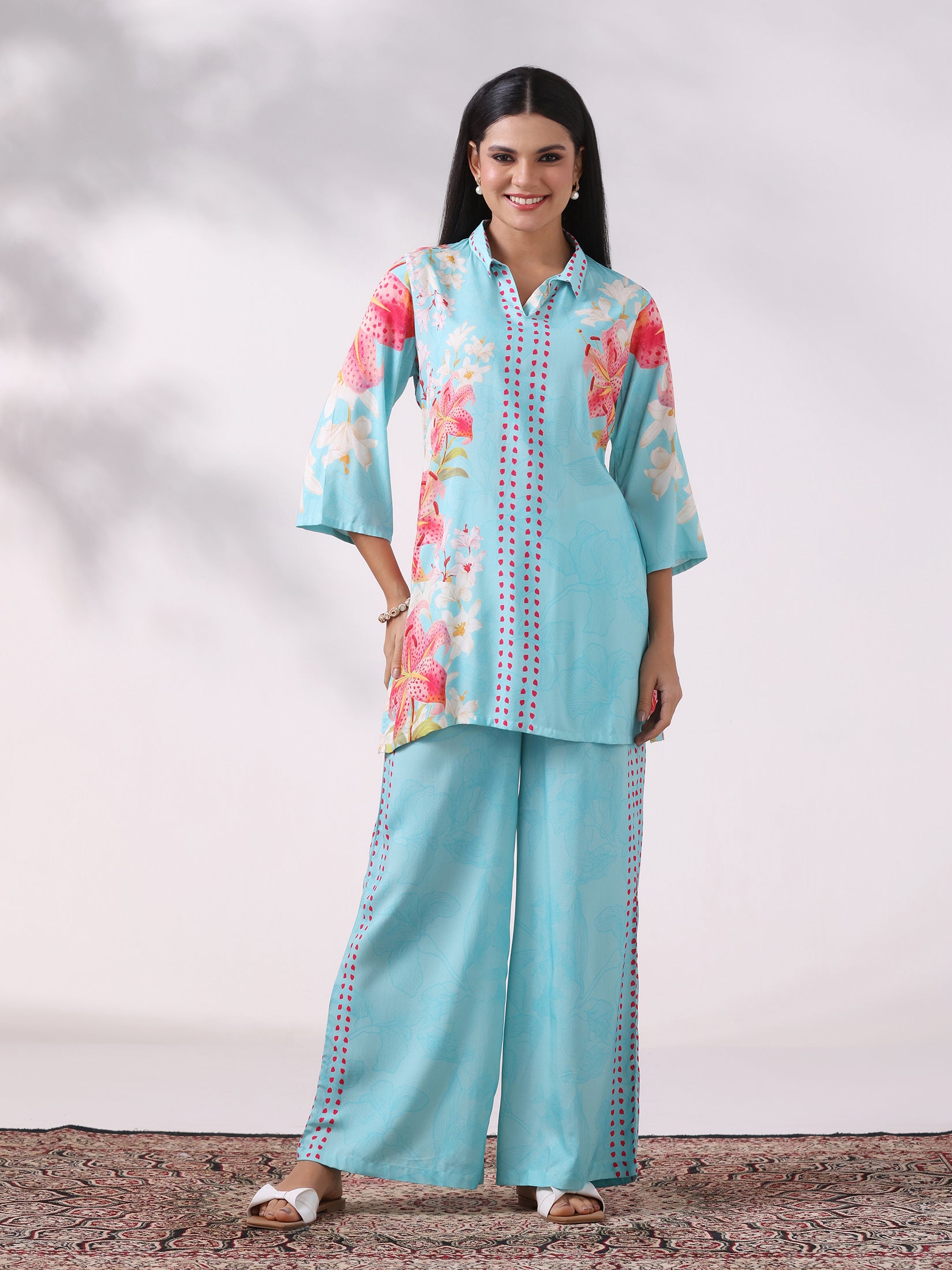 Women Liva Aqua Floral Print Co-Ord Set