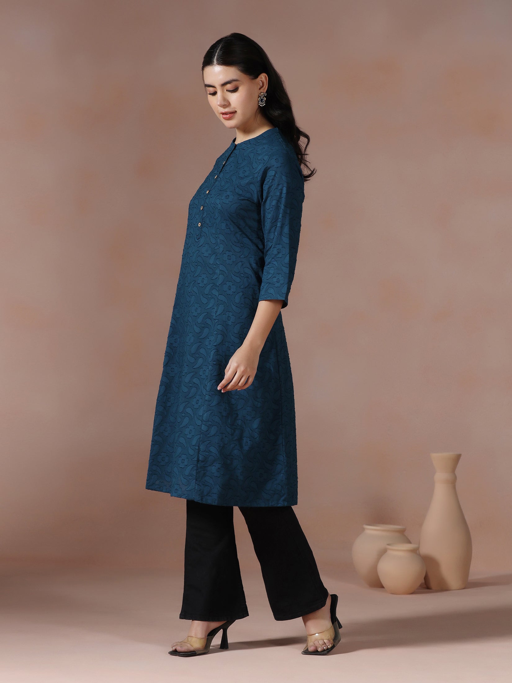 Women Cotton Blue Solid Kurta