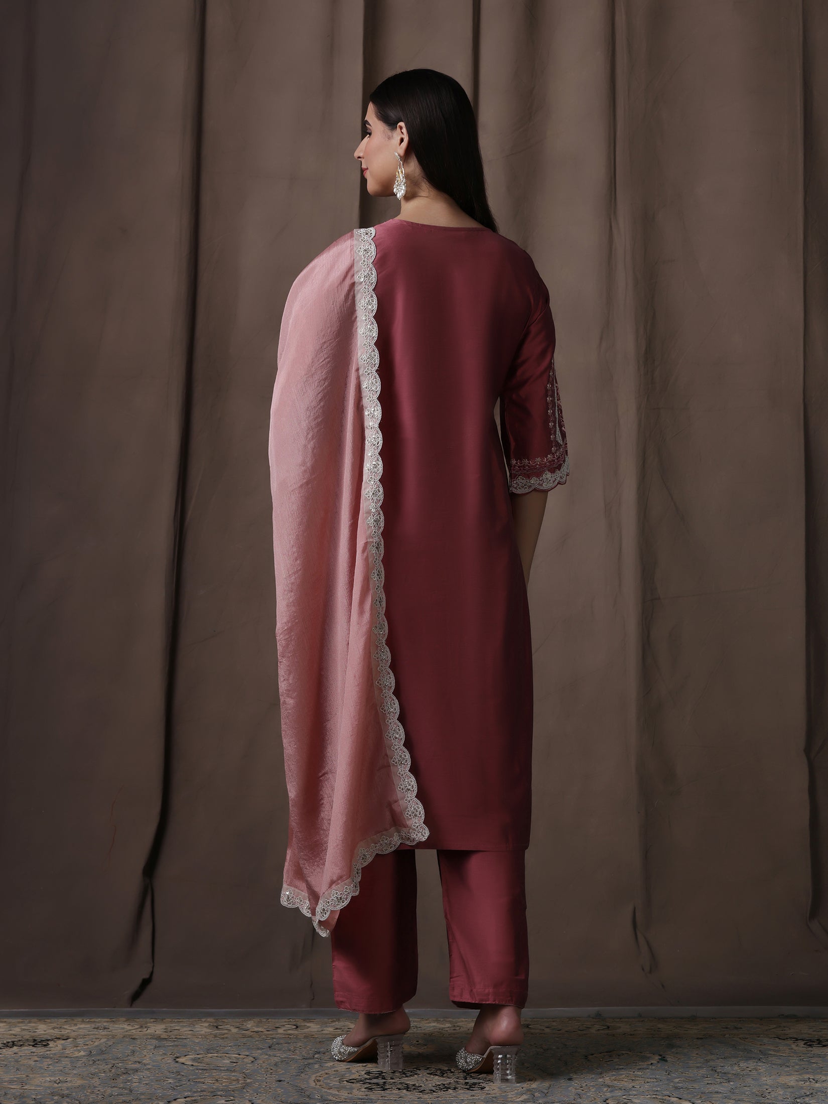 Women Silk Blend Pink Embroidered Kurta Comfort Pant Dupatta