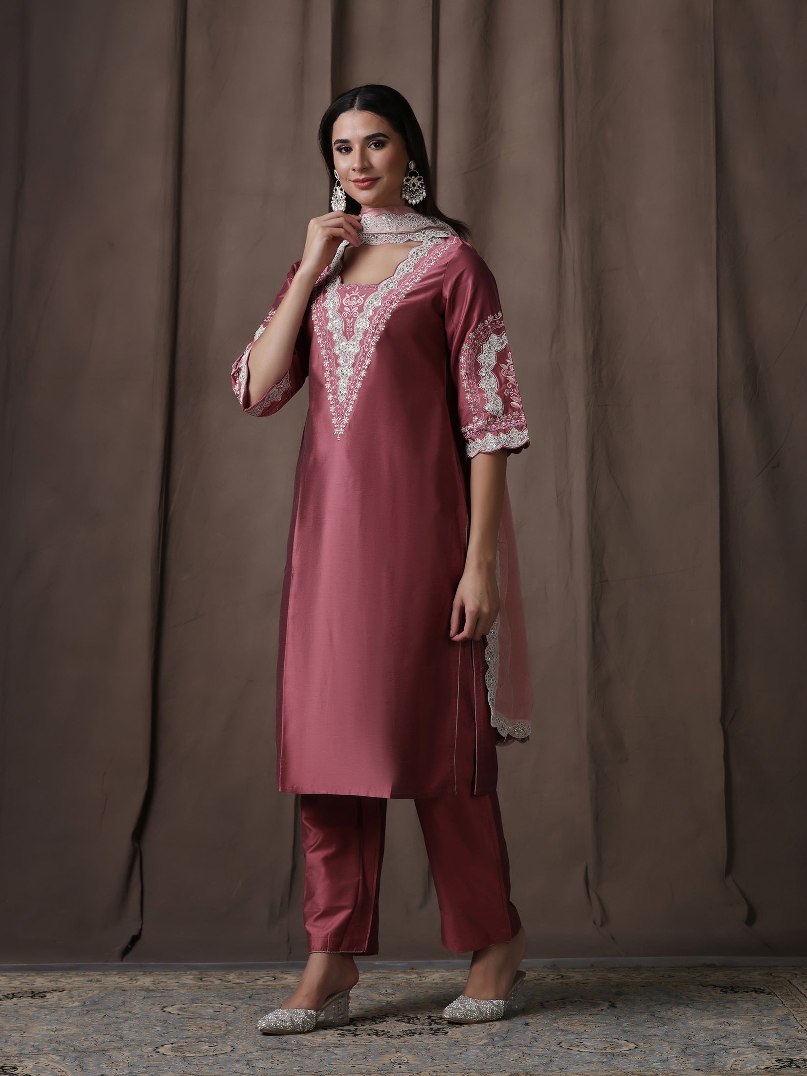 Women Silk Blend Pink Embroidered Kurta Comfort Pant Dupatta