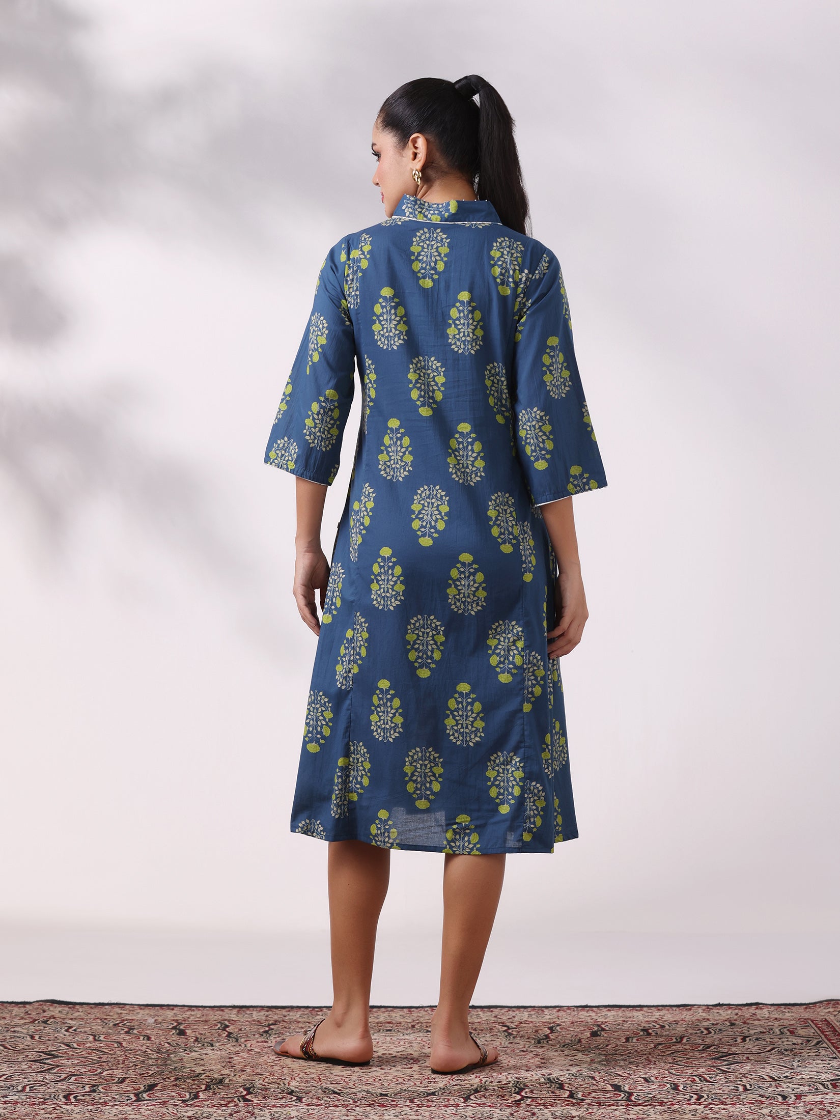 Women Cotton Blue Printed Anarkali Kurta