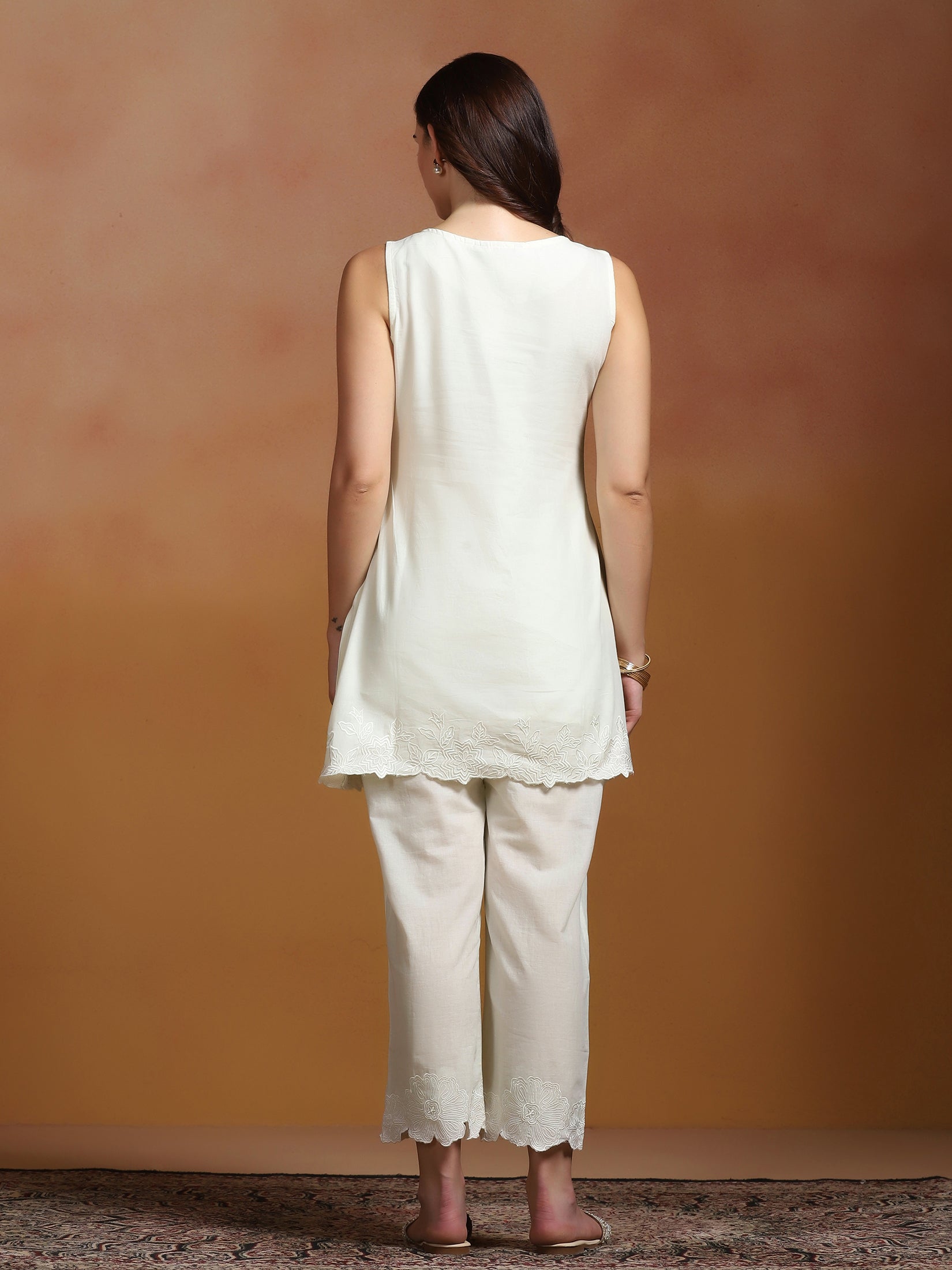 Women Cotton Off White Embroidered Co-Ord Set
