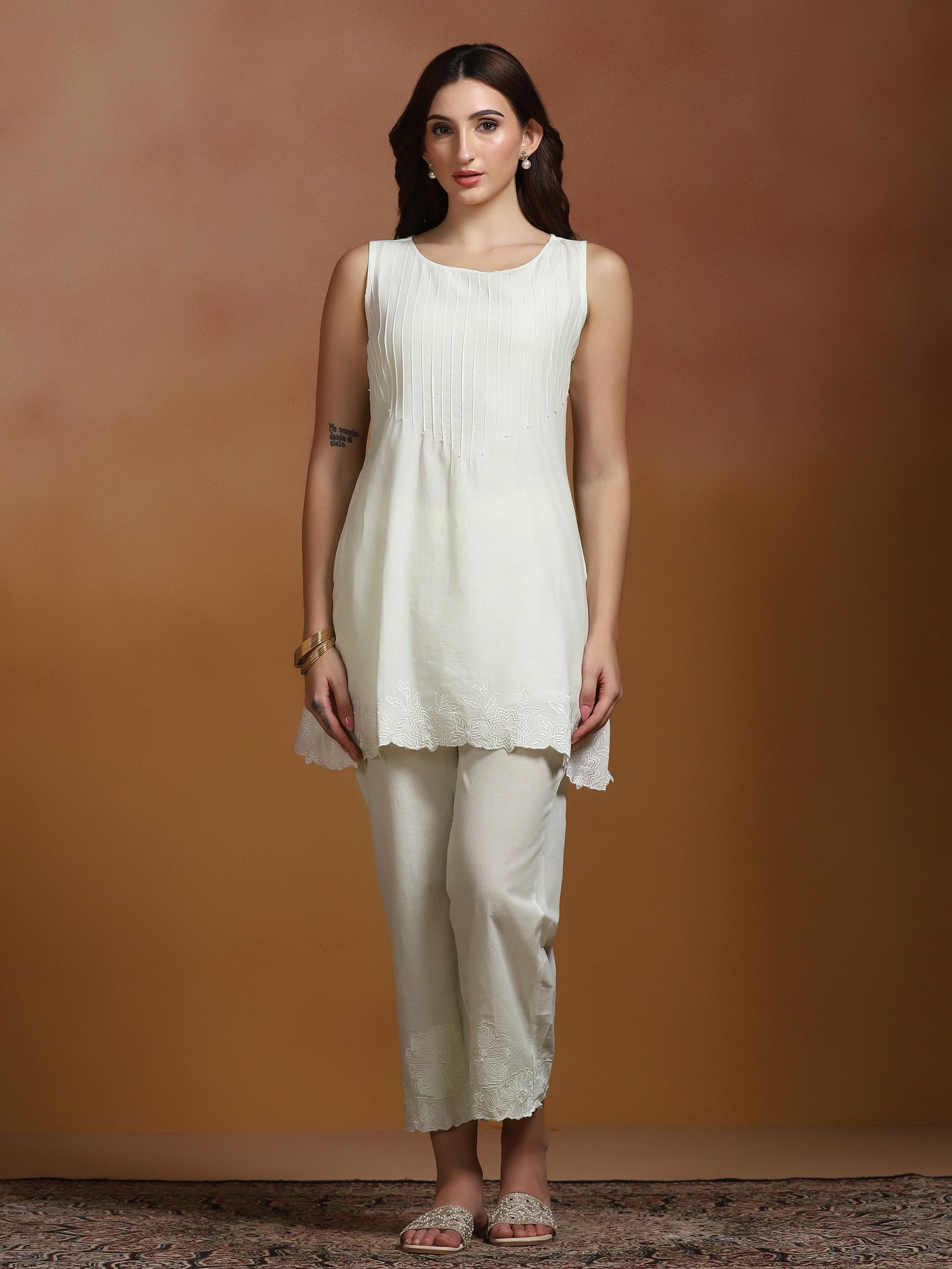 Women Cotton Off White Embroidered Co-Ord Set