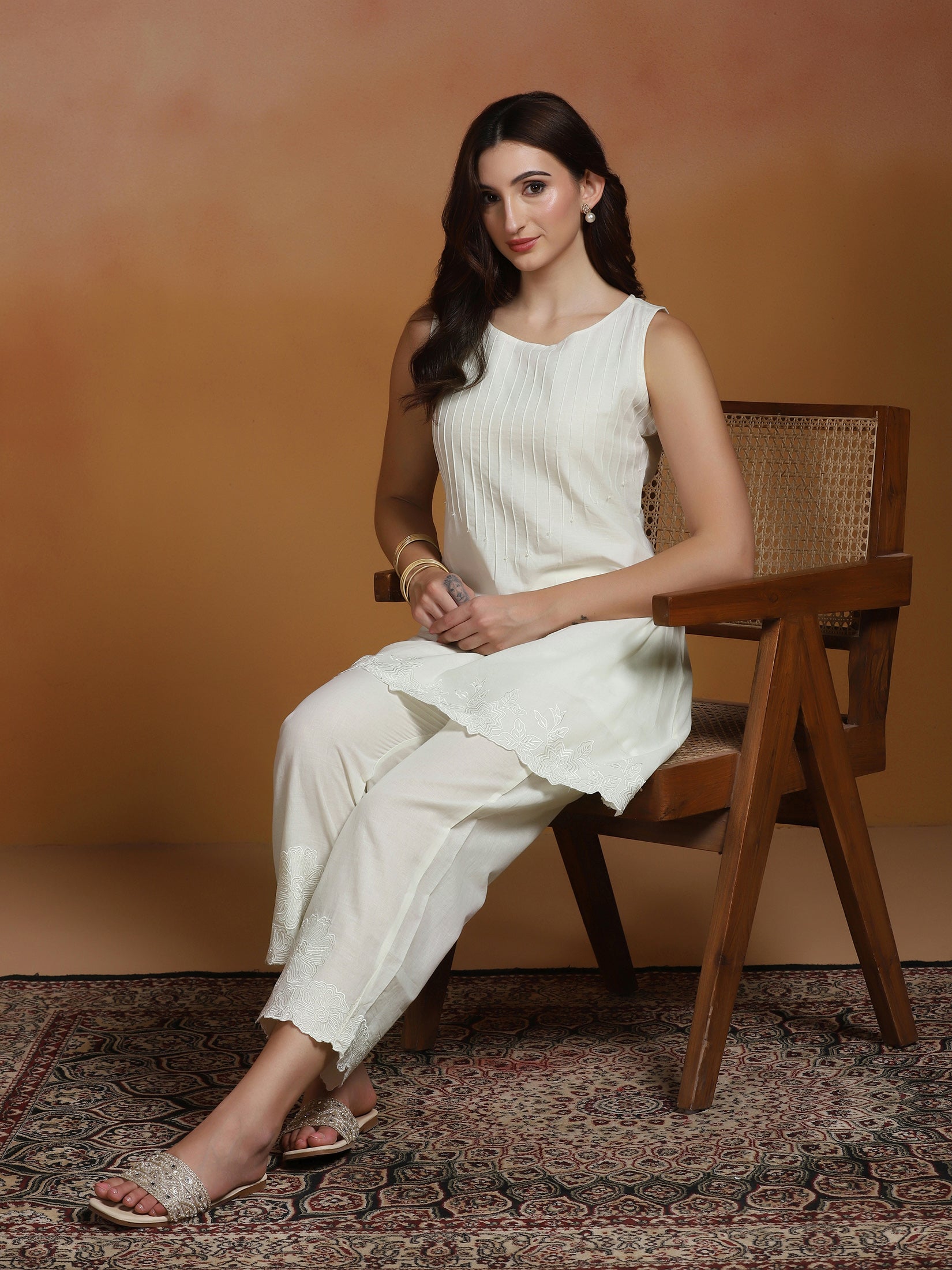 Women Cotton Off White Embroidered Co-Ord Set