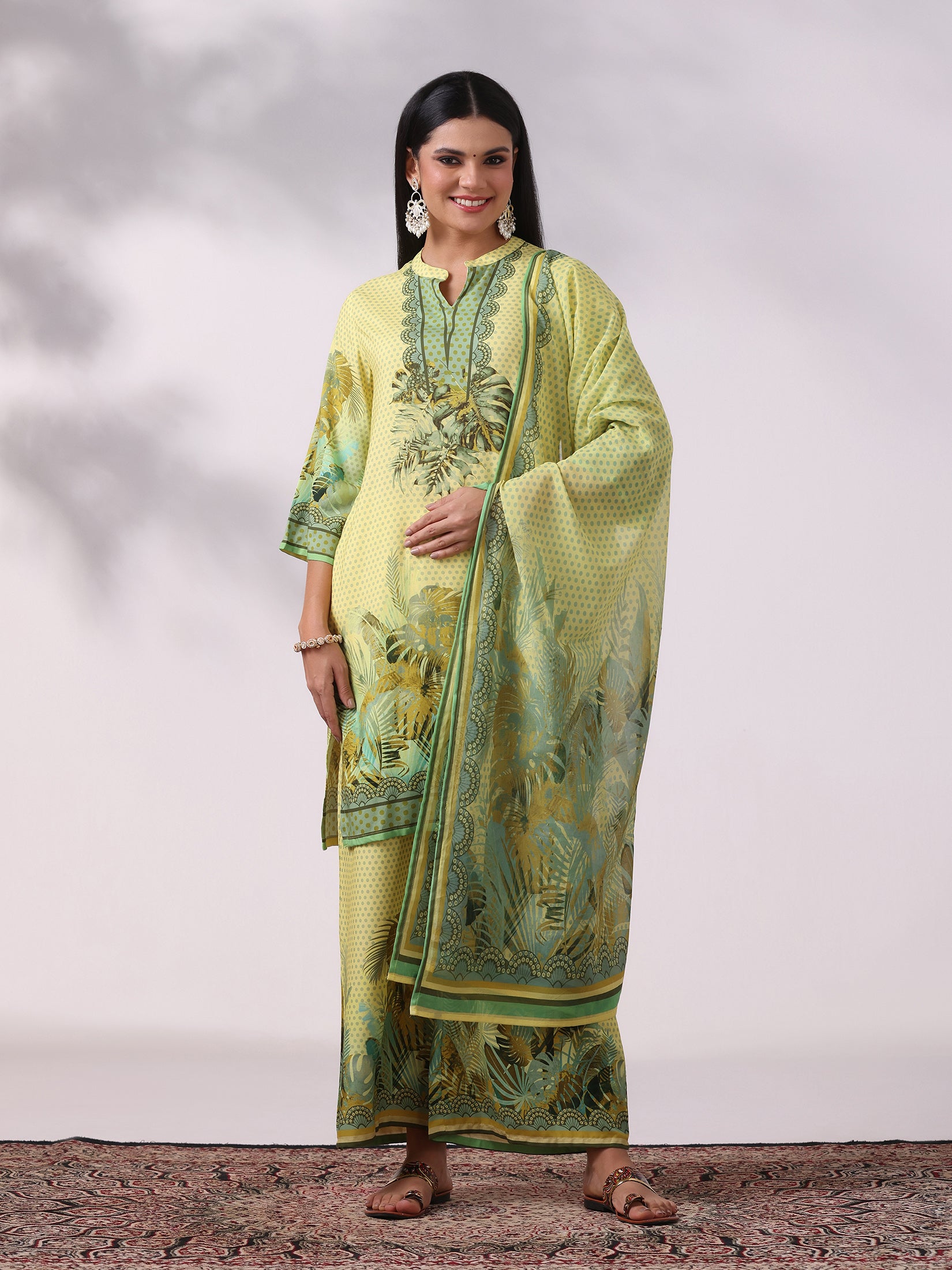 Women Liva Yellow Printed Kurta Comfort Pant Dupatta