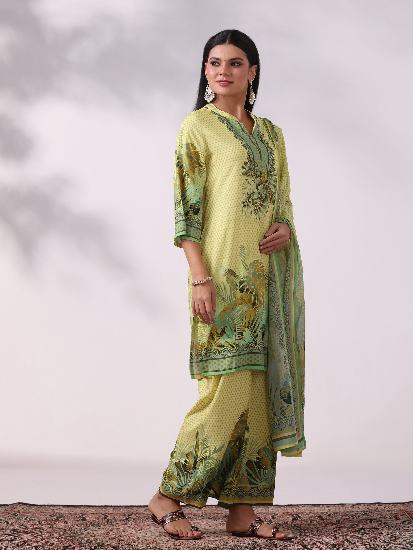 Women Liva Yellow Printed Kurta Comfort Pant Dupatta