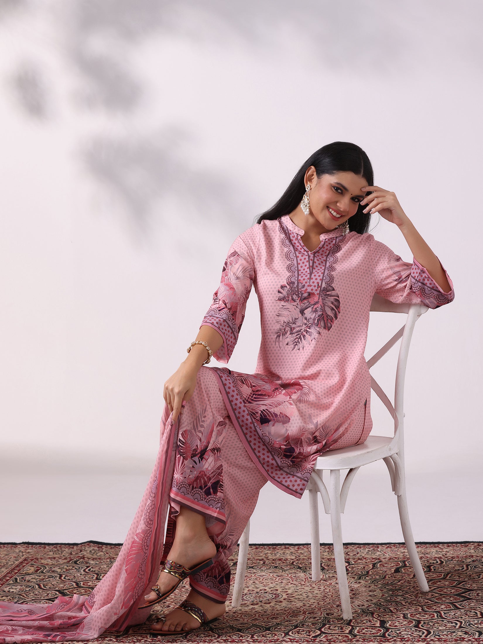 Women Liva Pink Printed Kurta Comfort Pant Dupatta