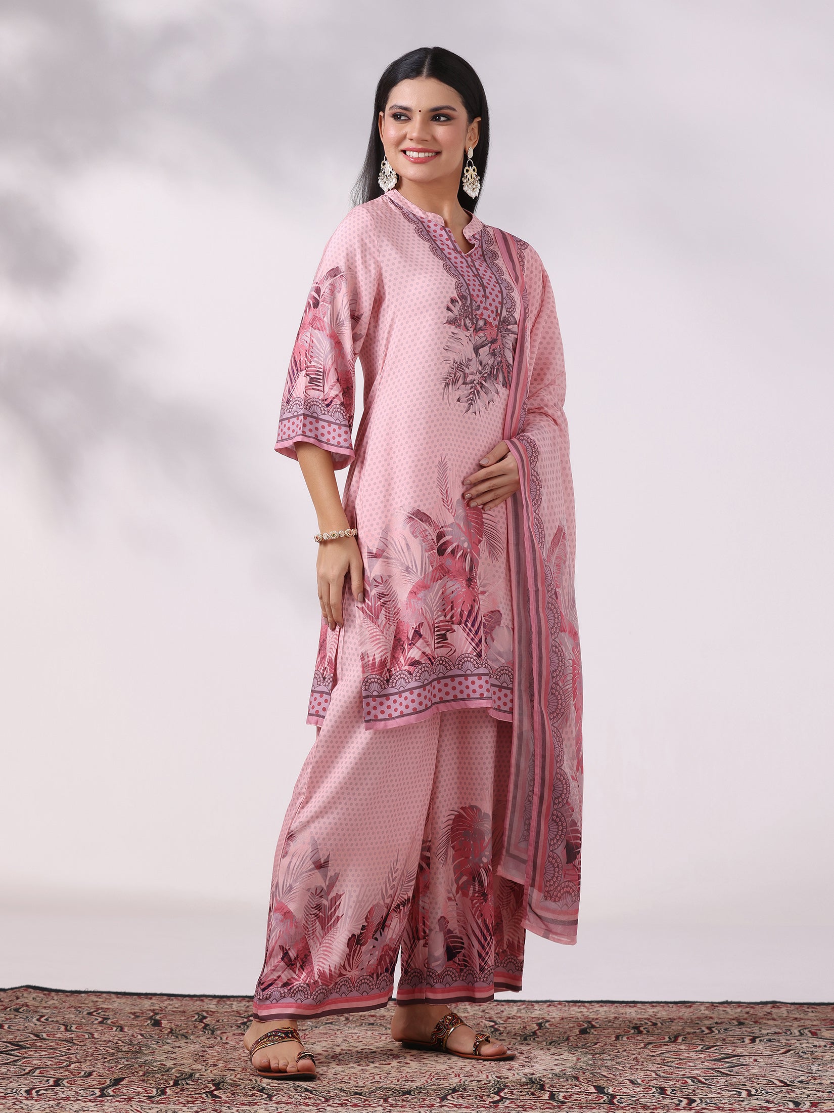 Women Liva Pink Printed Kurta Comfort Pant Dupatta