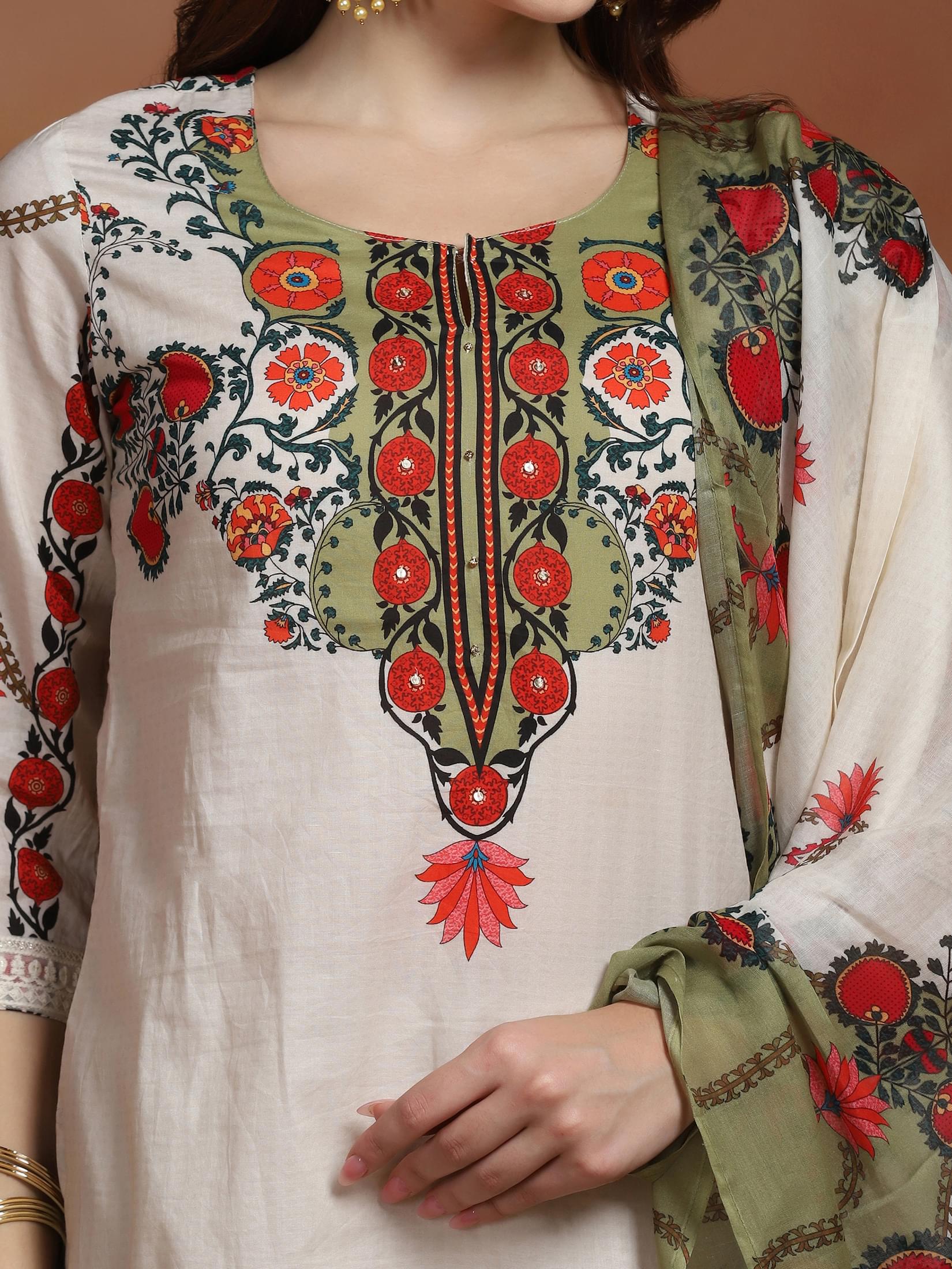 Women Cotton Off White Printed Kurta Sharara Dupatta.