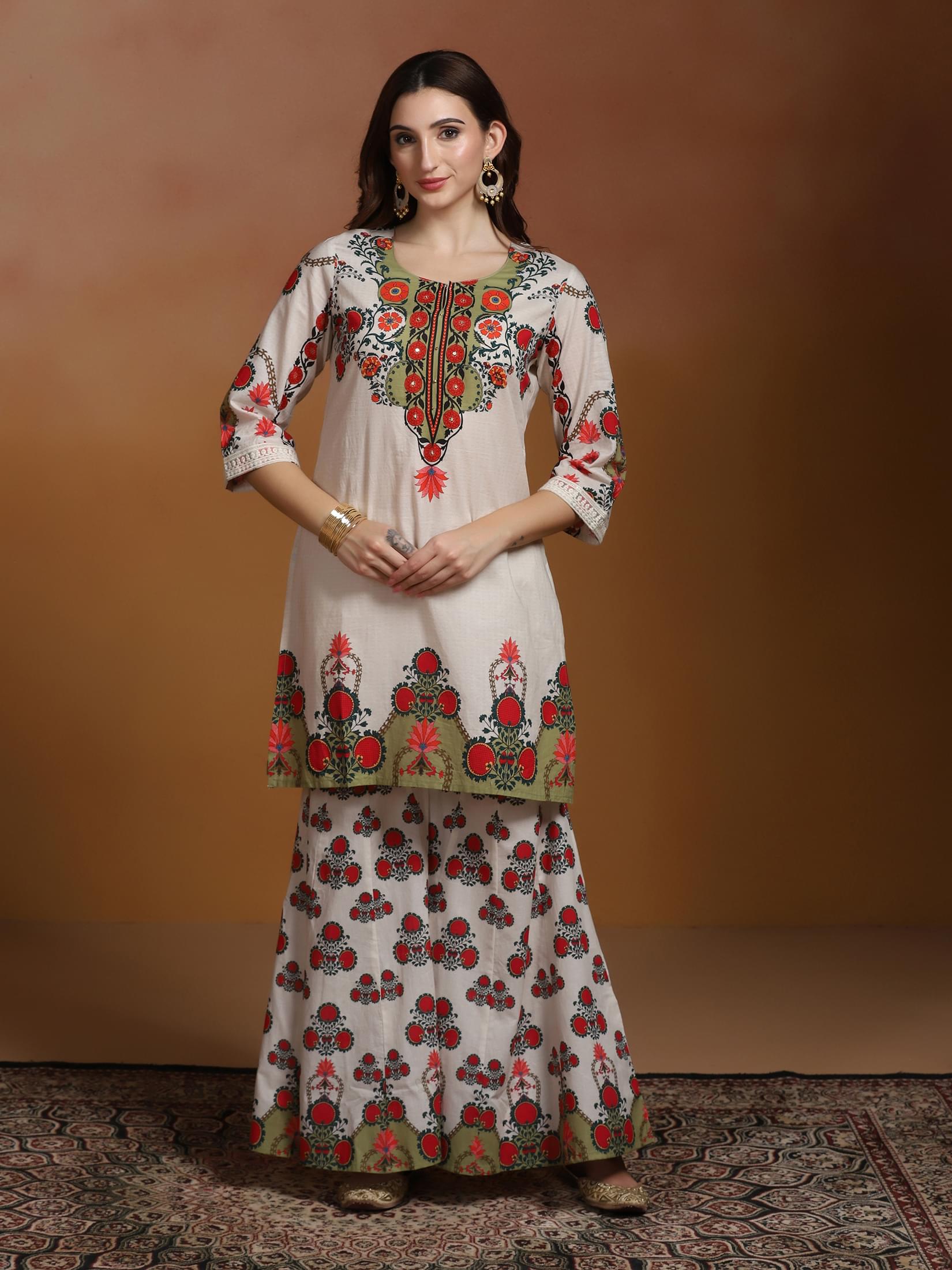 Women Cotton Off White Printed Kurta Sharara Dupatta.