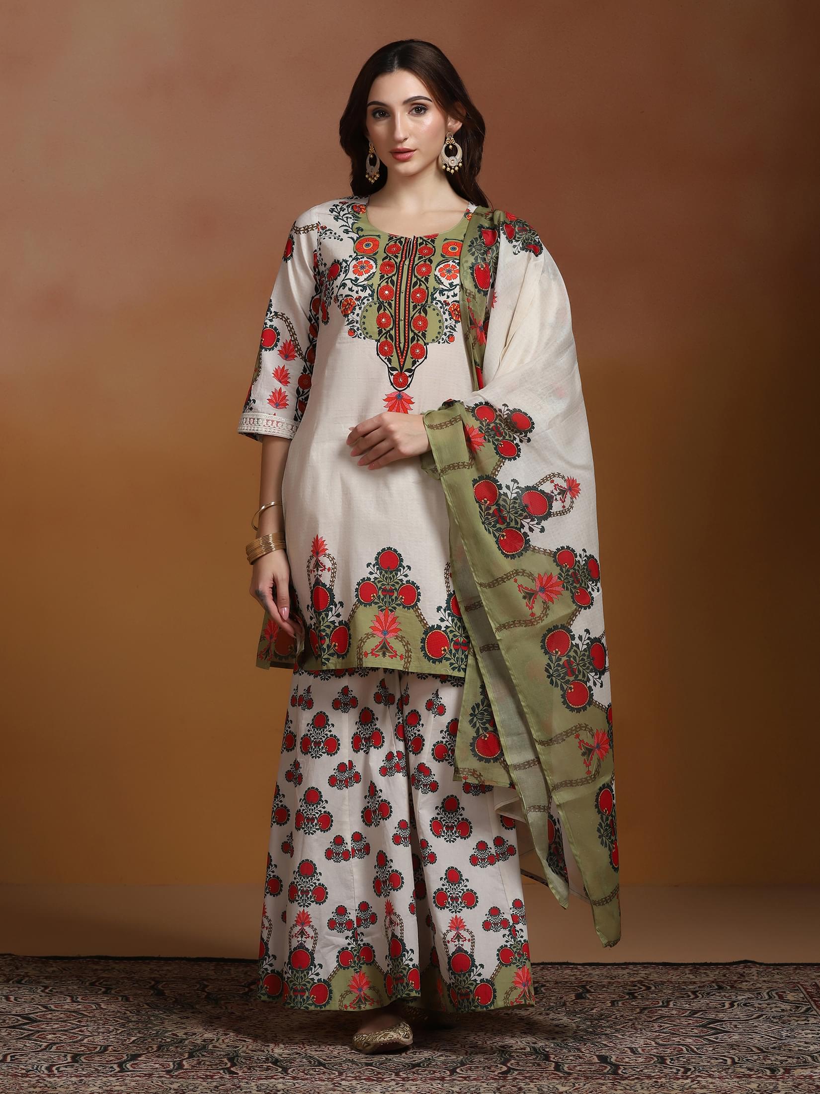Women Cotton Off White Printed Kurta Sharara Dupatta.