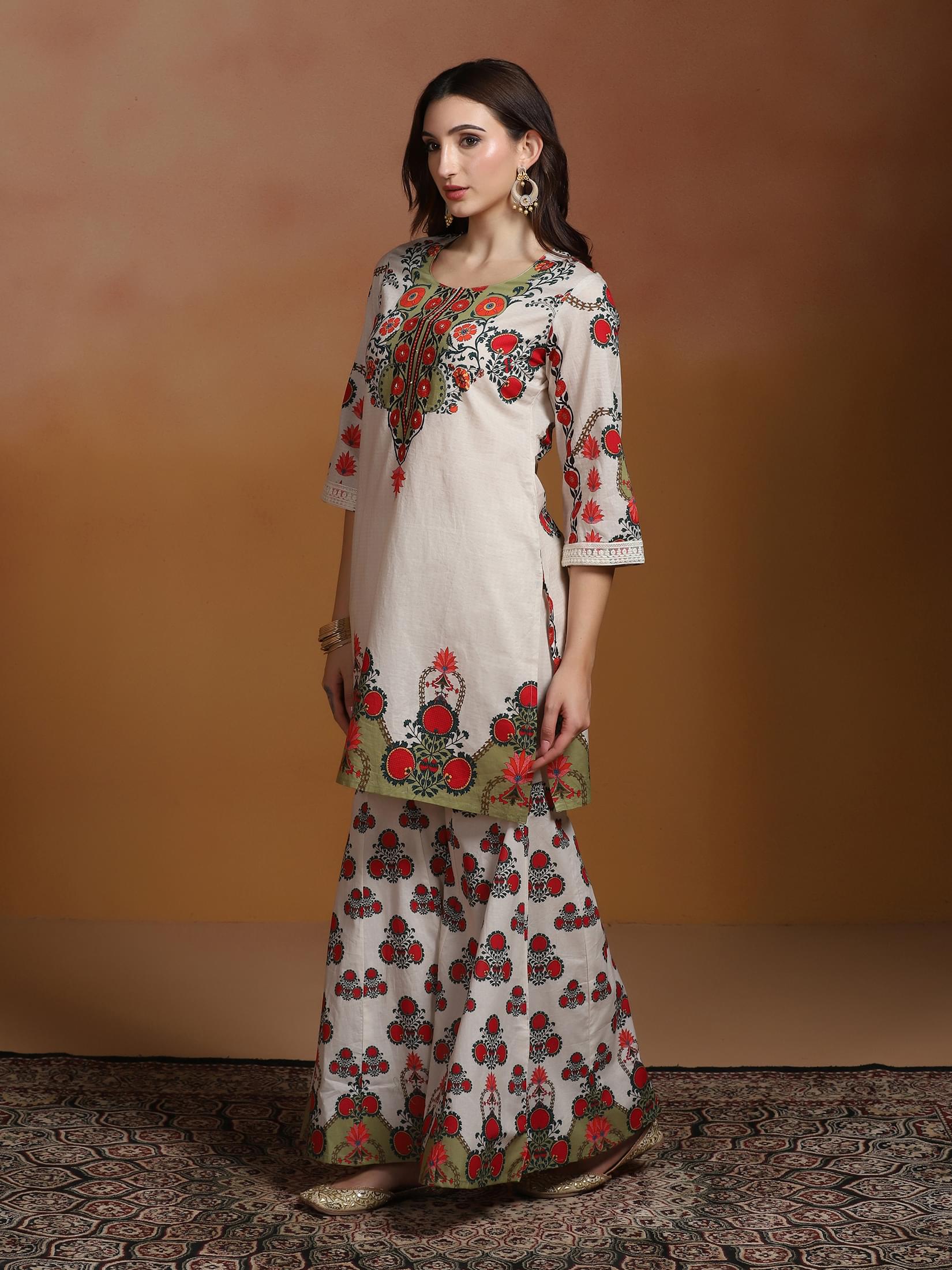 Women Cotton Off White Printed Kurta Sharara Dupatta.