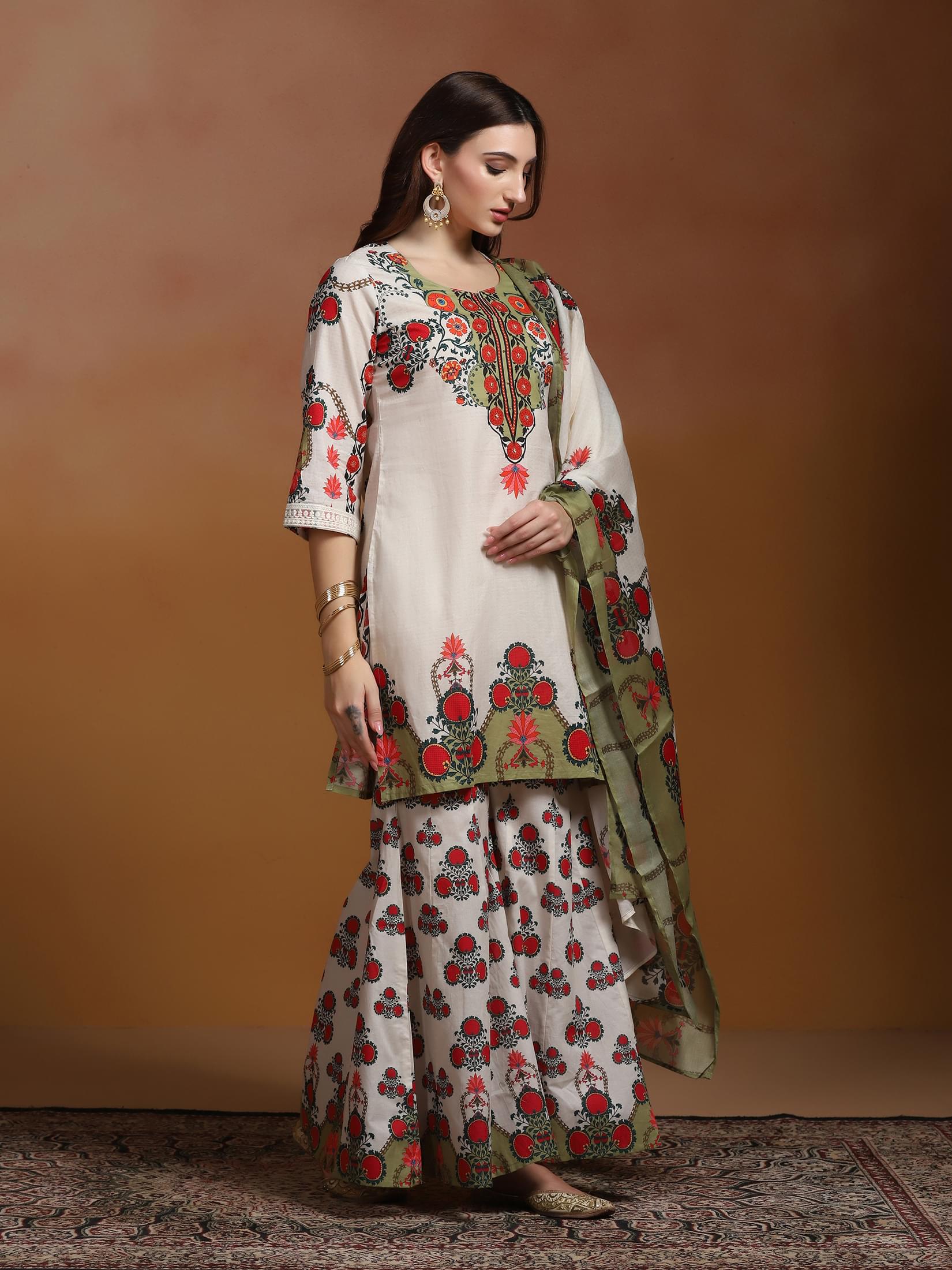 Women Cotton Off White Printed Kurta Sharara Dupatta.