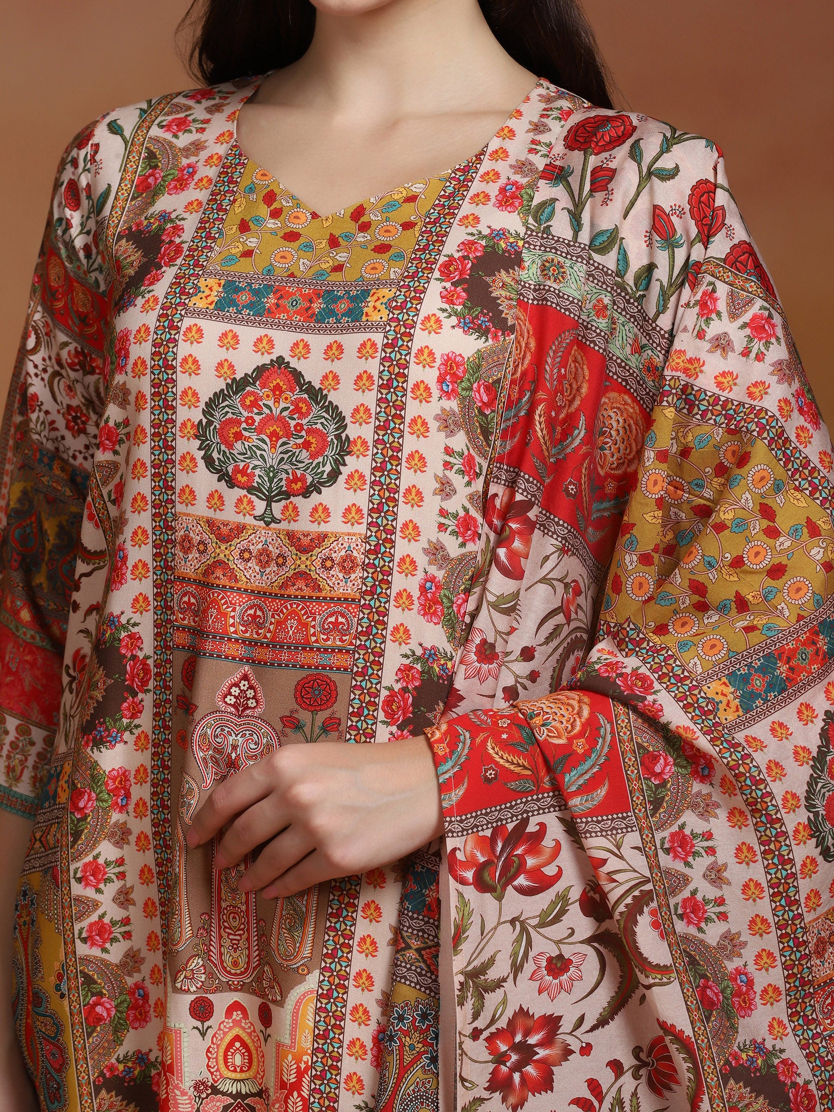 Women Liva Pink Multicolor Printed Kurta Comfort Pant Dupatta