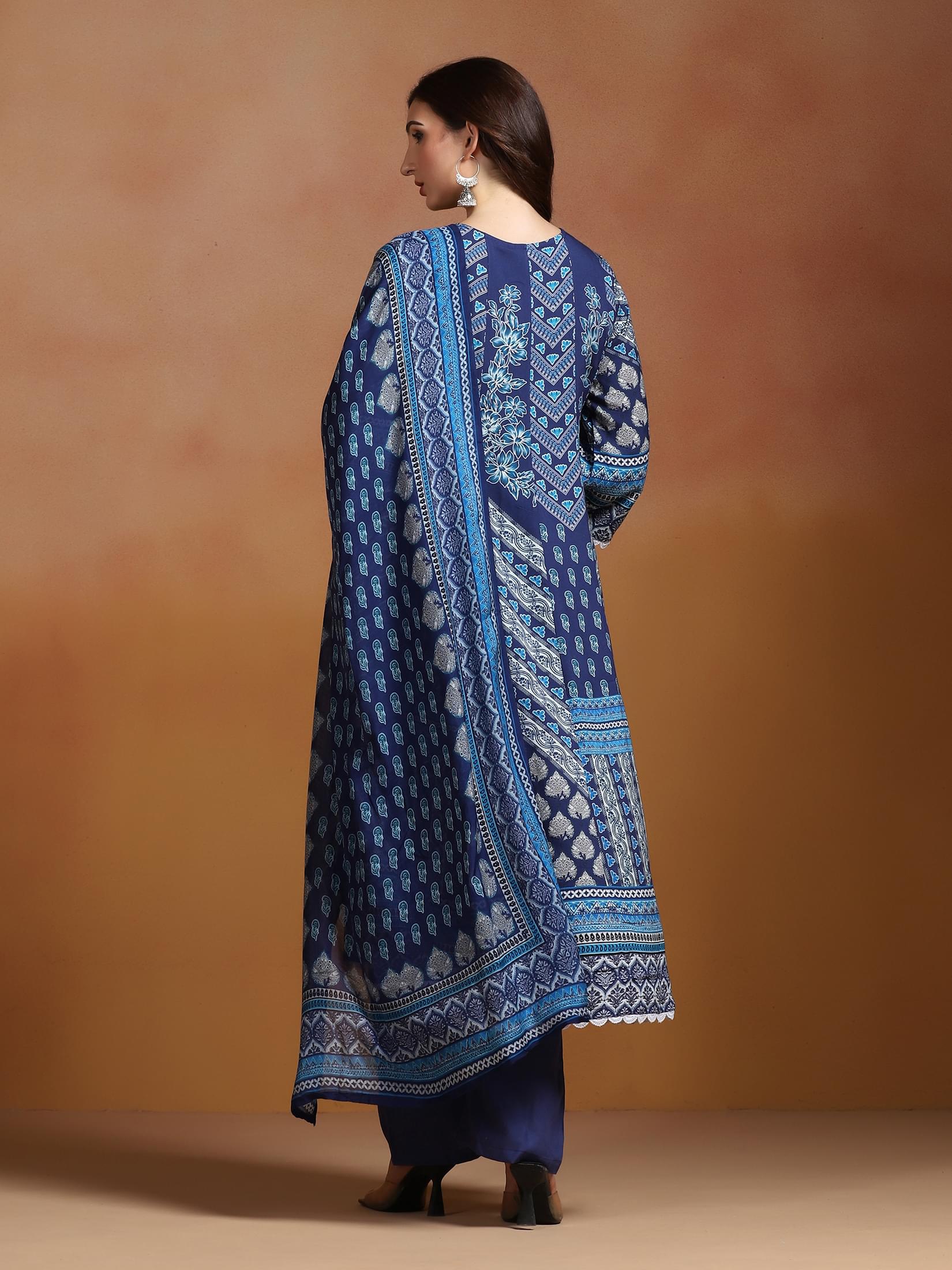 Women Liva Blue Printed Kurta Comfort Pant Dupatta.