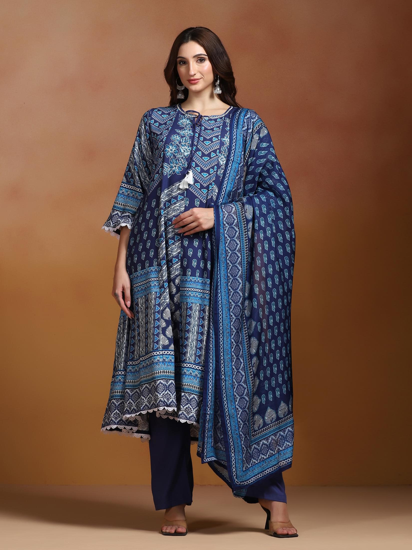 Women Liva Blue Printed Kurta Comfort Pant Dupatta.