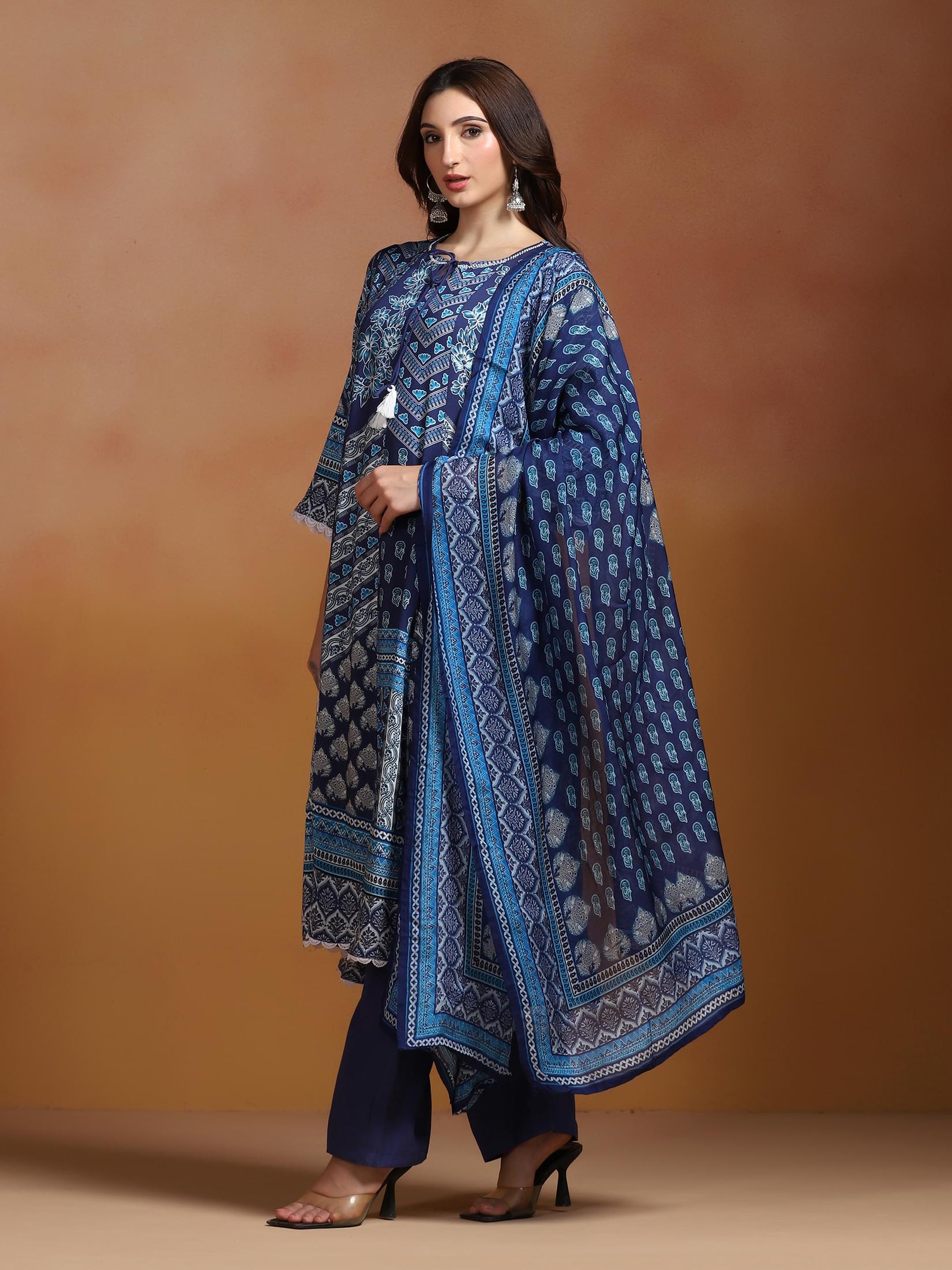 Women Liva Blue Printed Kurta Comfort Pant Dupatta.