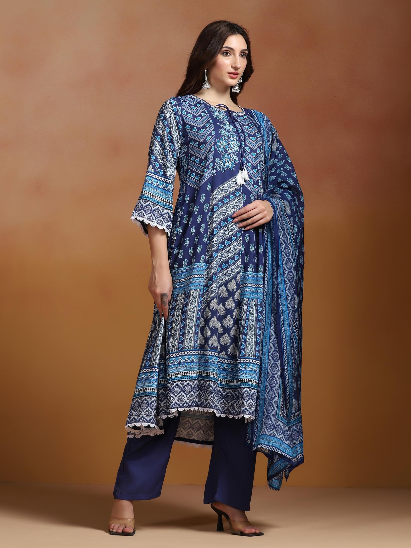 Women Liva Blue Printed Kurta Comfort Pant Dupatta.