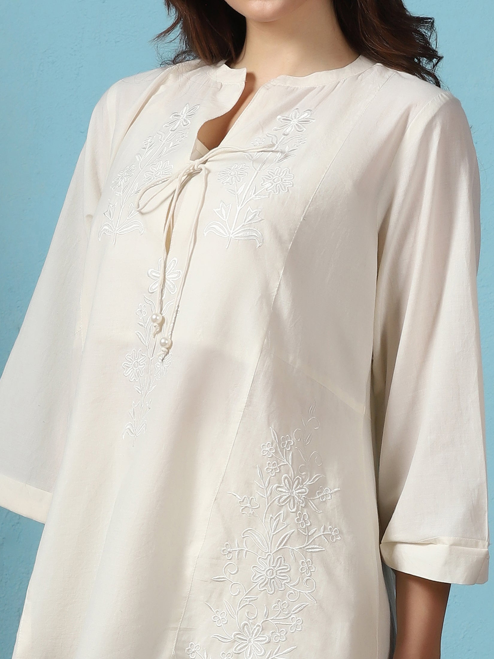 Women Off White Cotton Embroidered Co-Ord Set
