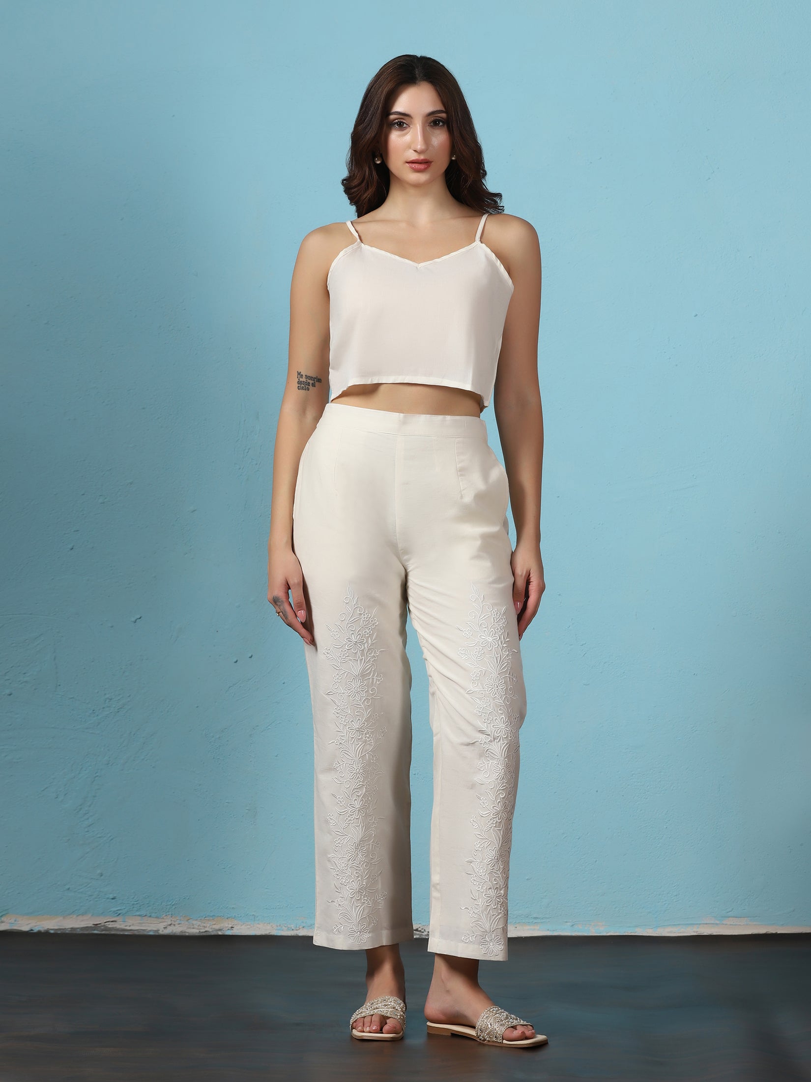 Women Off White Cotton Embroidered Co-Ord Set