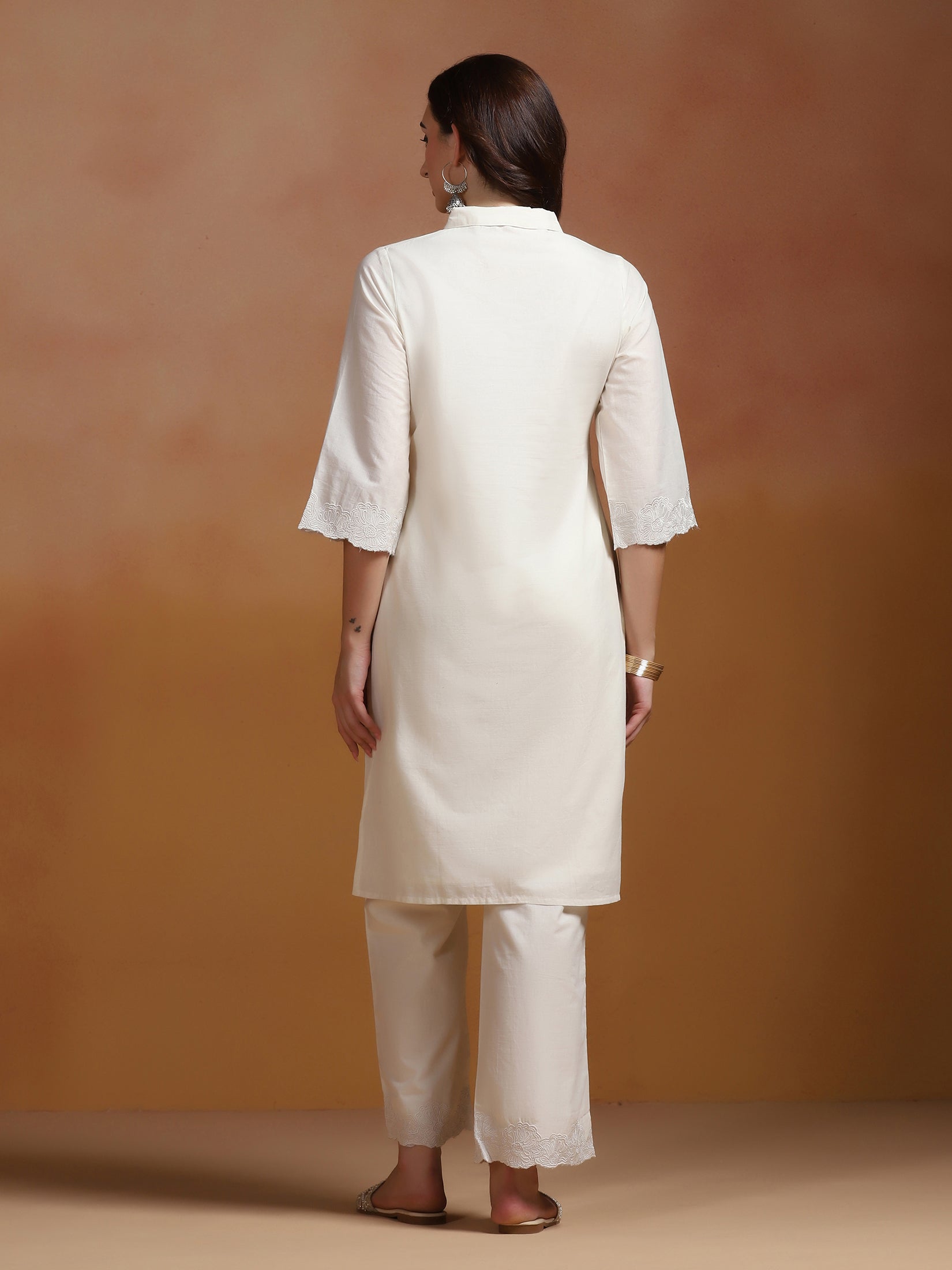 Women Cotton Off White Embroidered Kurta With Comfort With Pant
