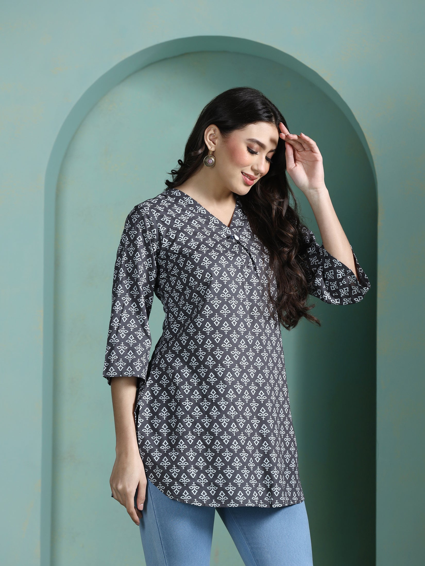 Women Liva Grey Printed Tunic