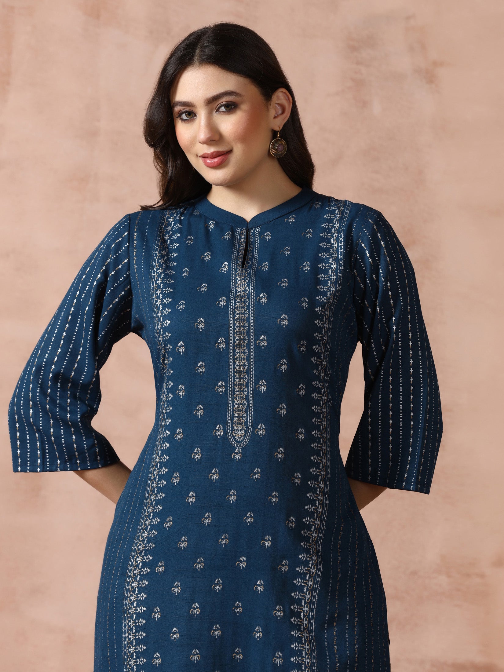Women Blue Live Rayon Placement Print Kurta