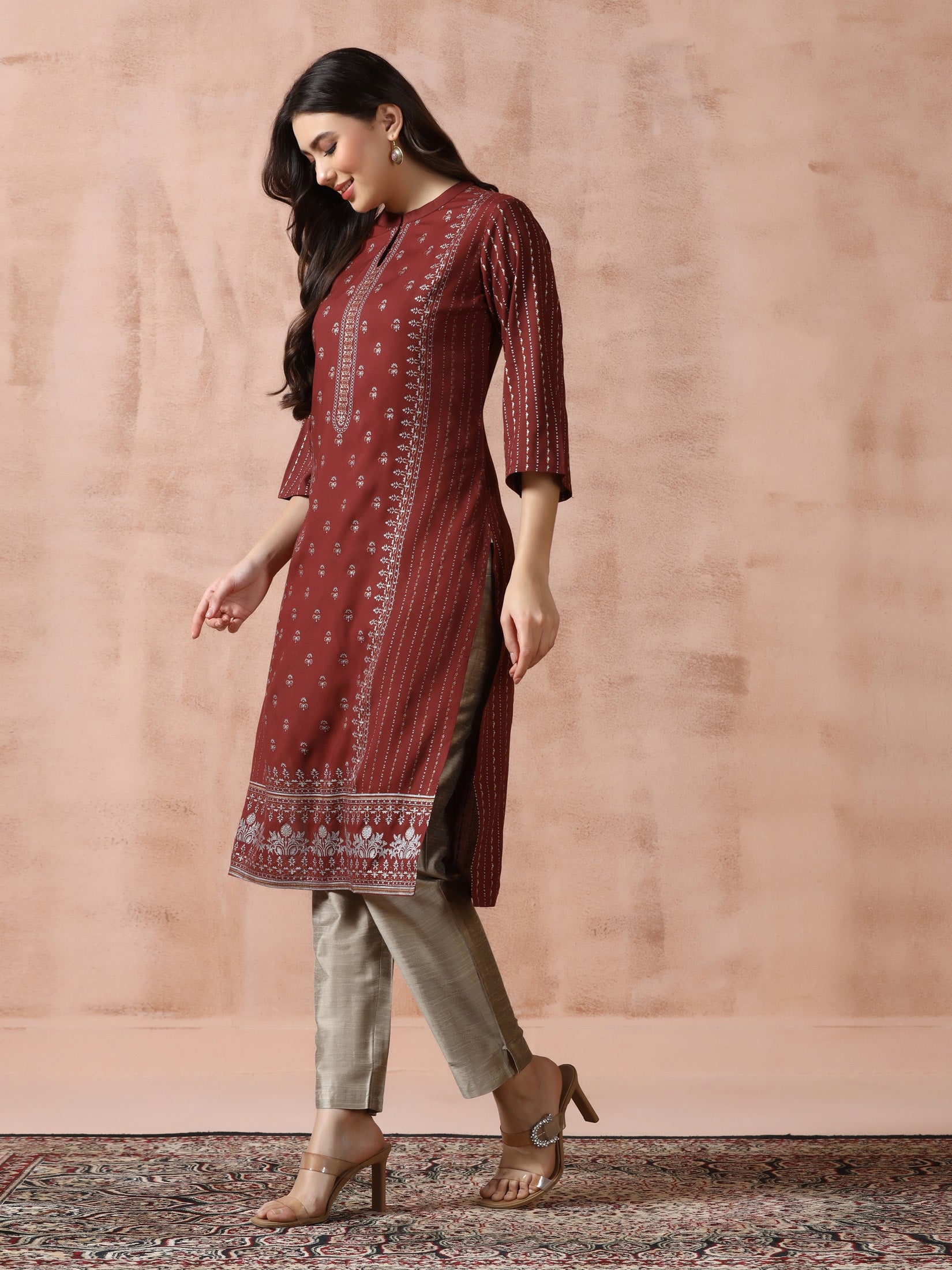 Women Liva Brown Placement Print Kurta