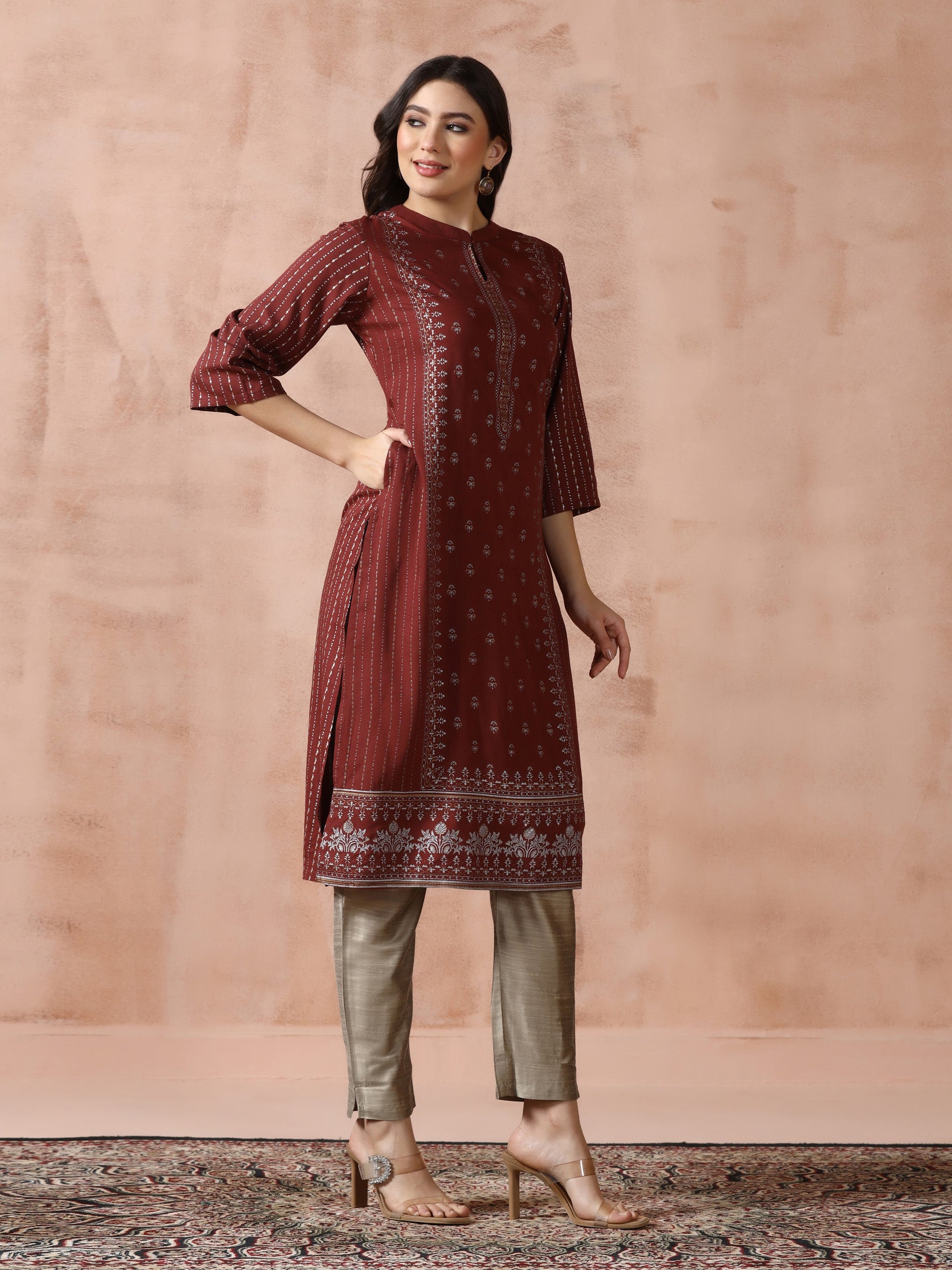 Women Liva Brown Placement Print Kurta