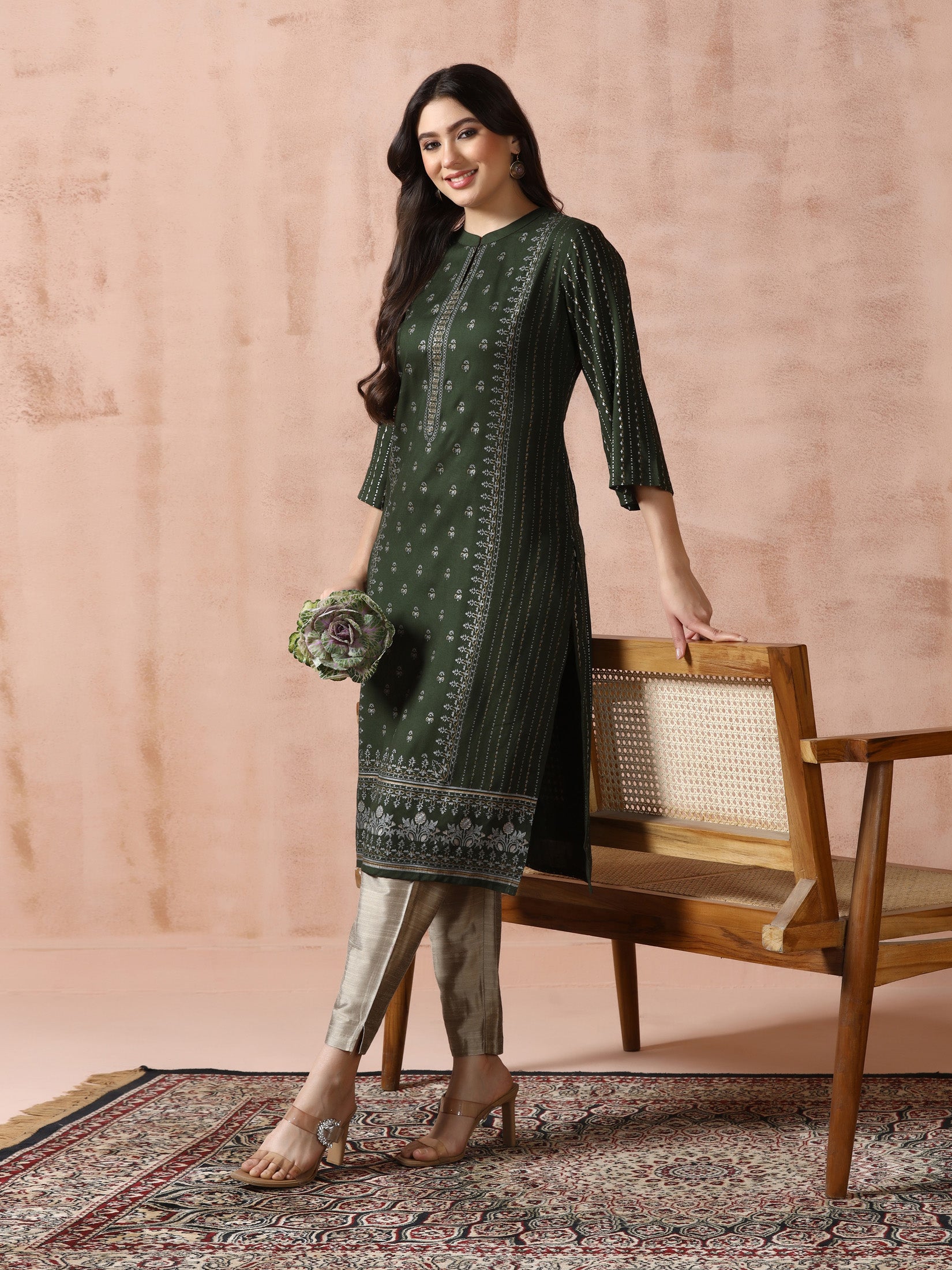 Women Liva Green Placement Print Kurta