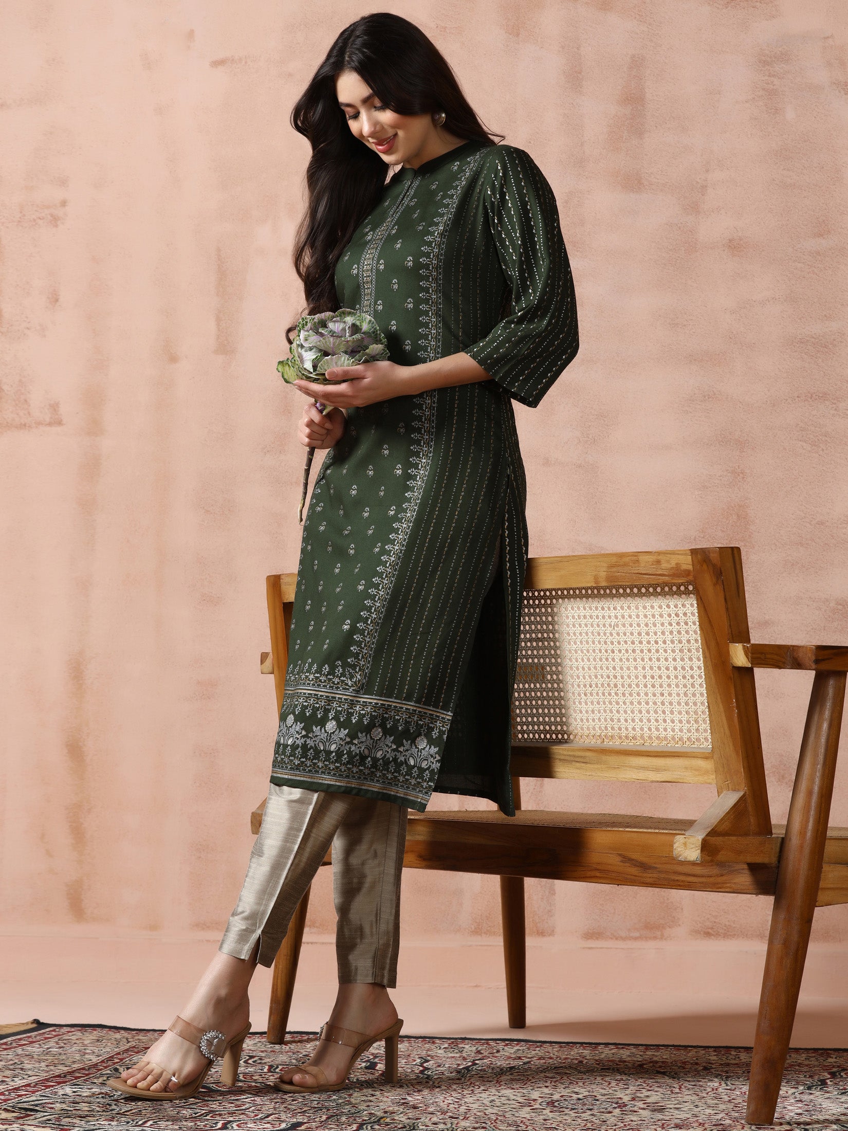 Women Liva Green Placement Print Kurta
