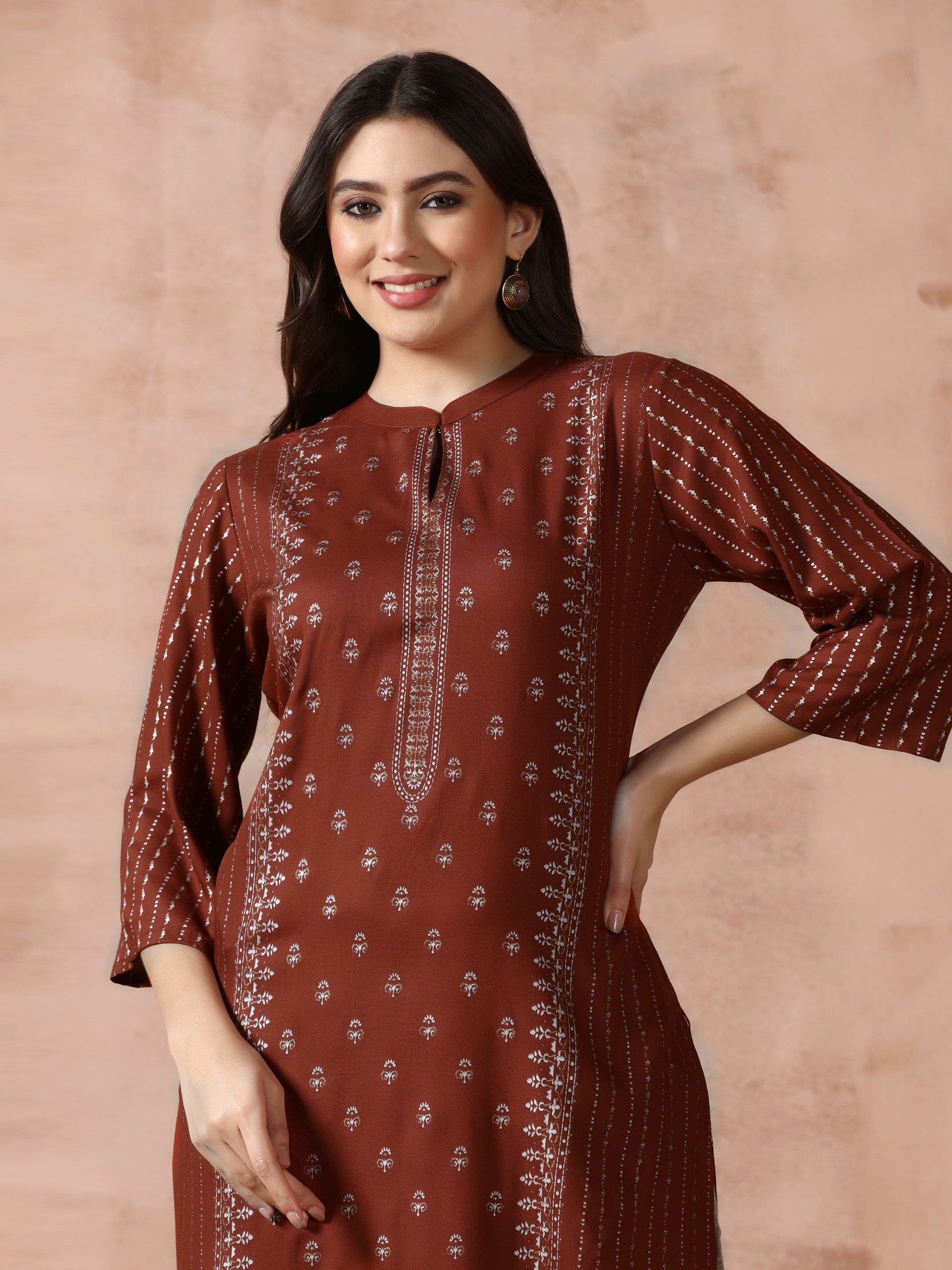 Women Liva Rust Placement Print Kurta