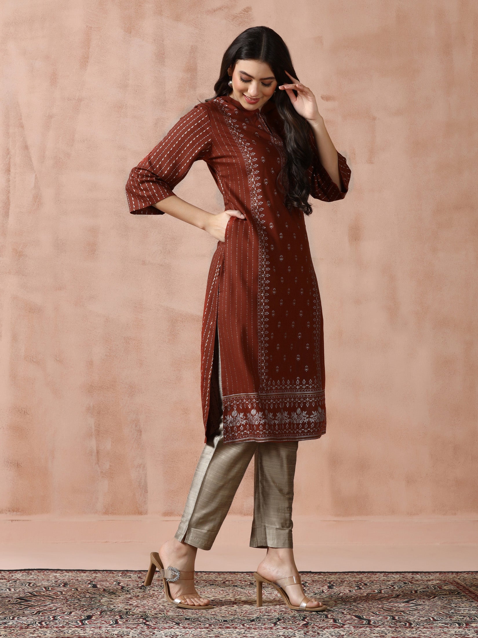 Women Liva Rust Placement Print Kurta
