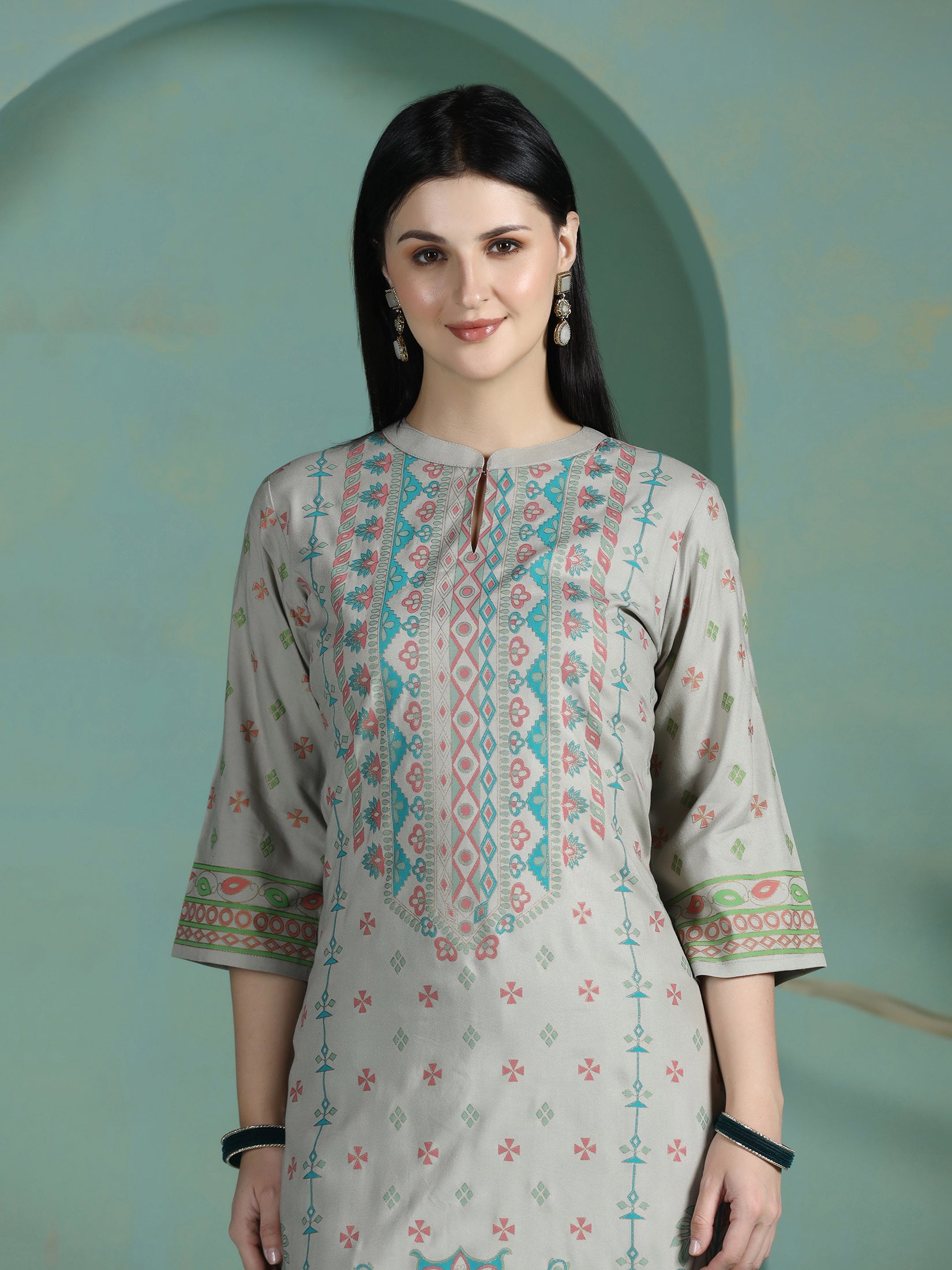 Women Liva Grey Placement Print Kurta