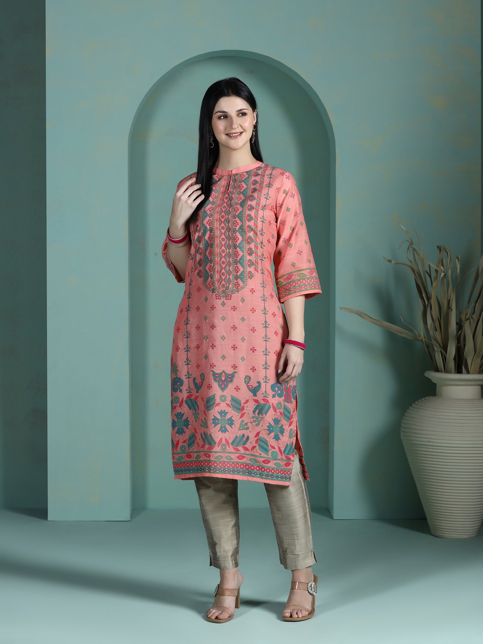 Women Liva Peach Placement Print Kurta