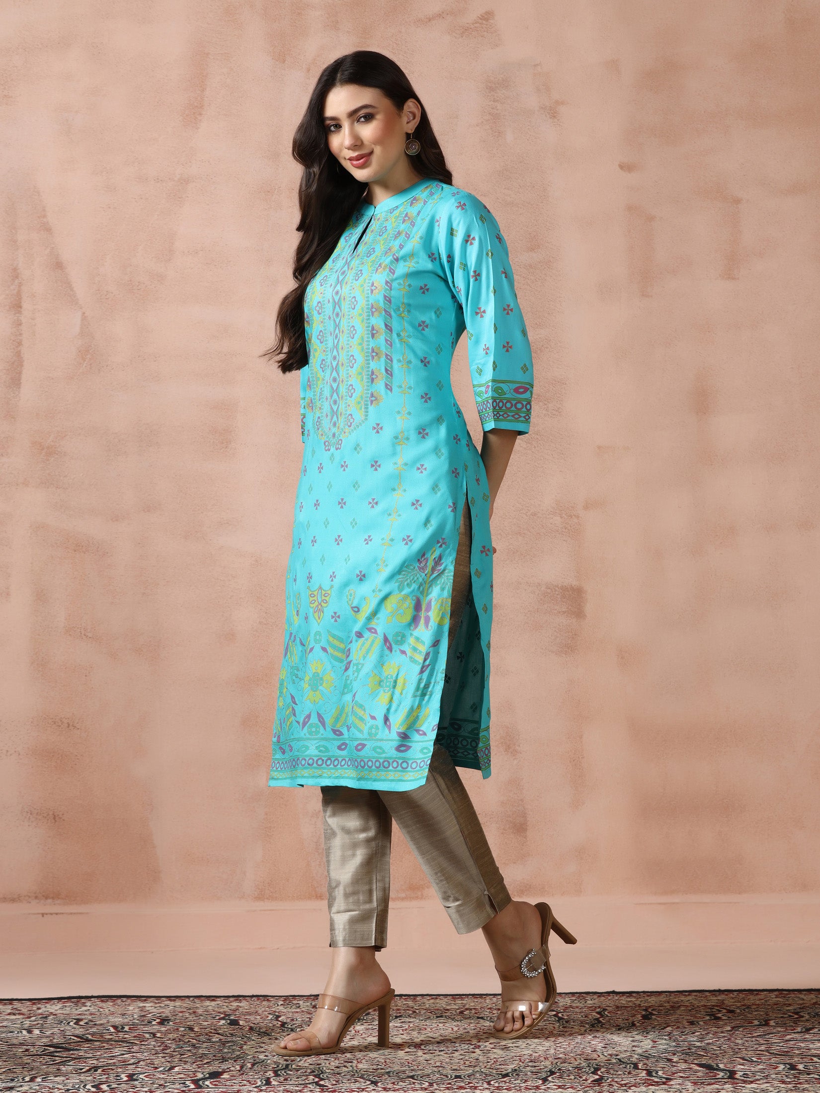 Women Liva Turquoise Blue Placement Print Kurta