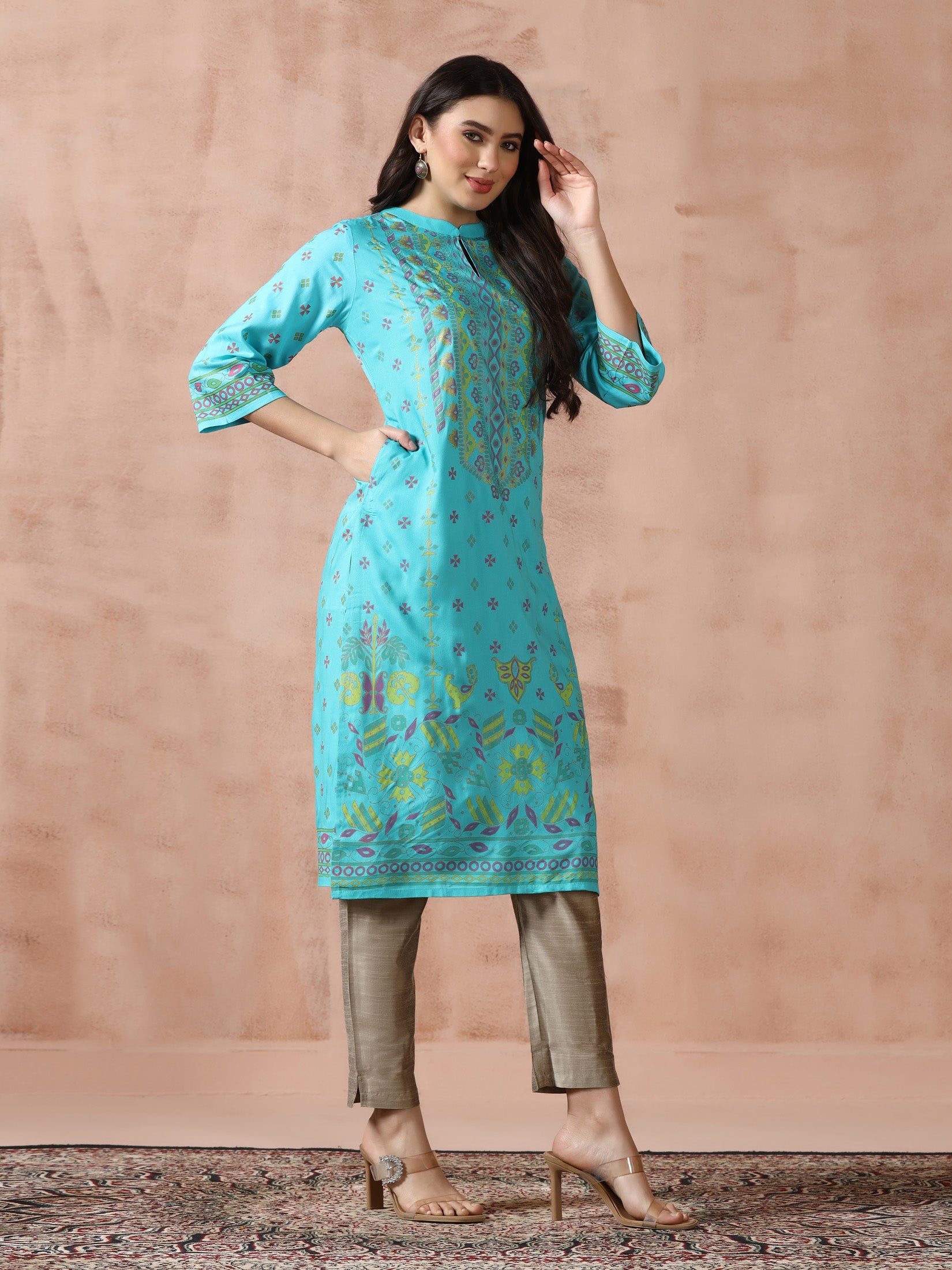 Women Liva Turquoise Blue Placement Print Kurta
