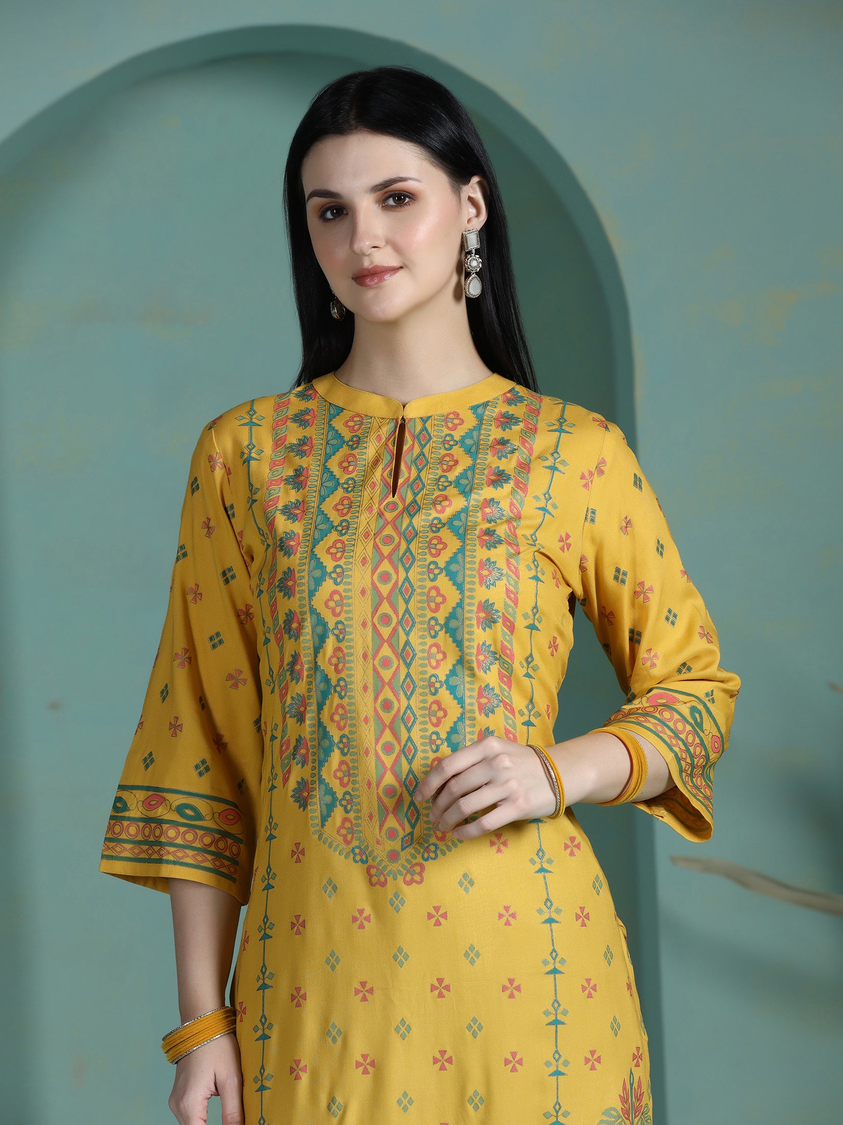 Women Liva Yellow Placement Print Kurta