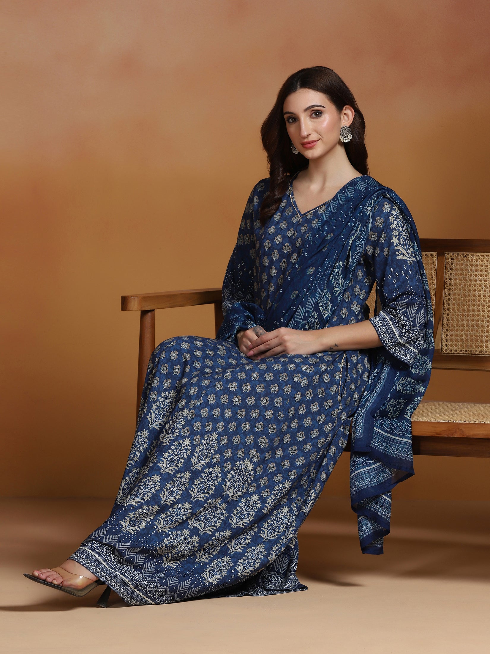 Women Liva Indigo Printed Dress With Dupatta