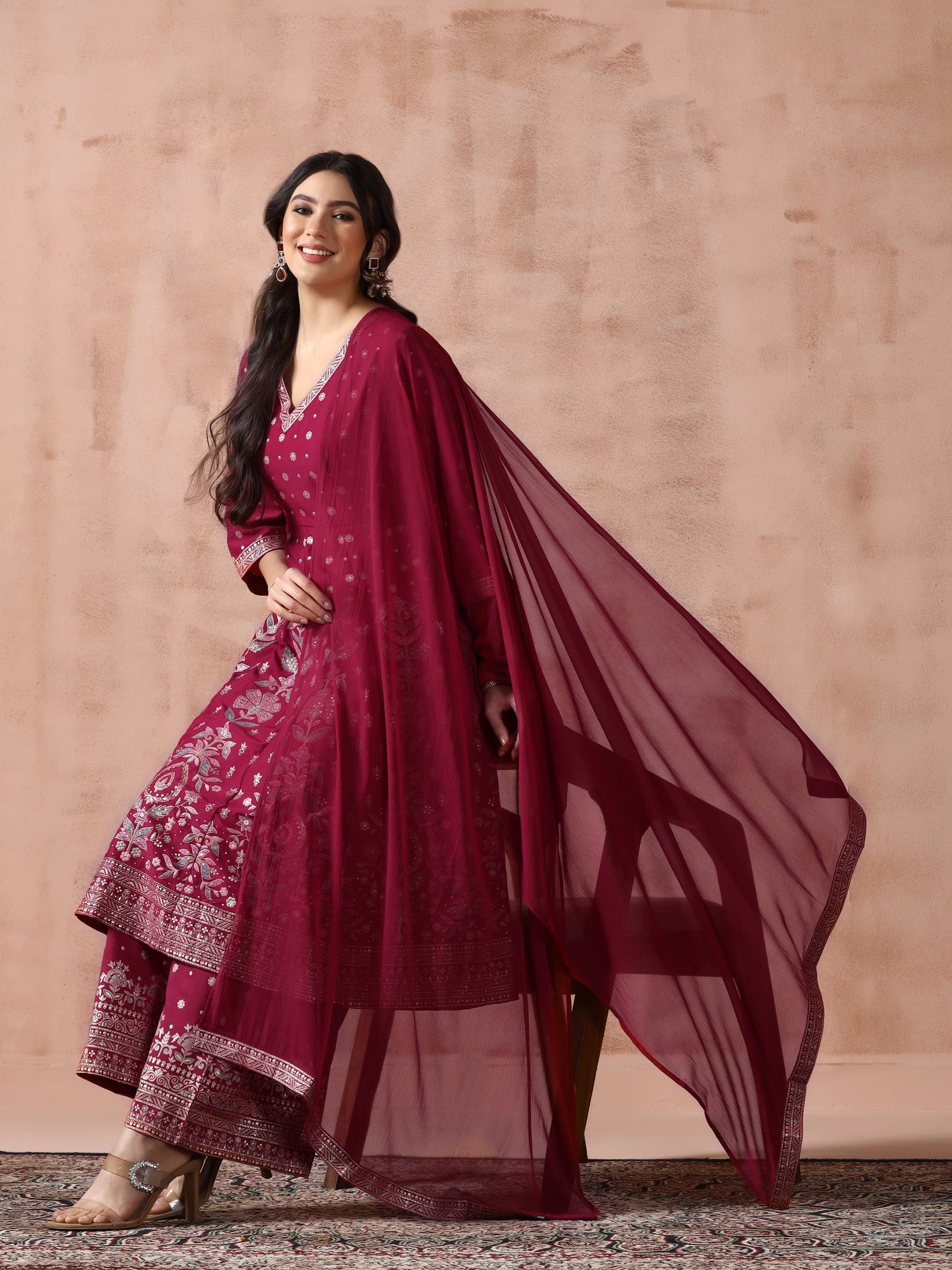 Women Chanderi Fuchsia Printed Kurta Comfort Pant Dupatta