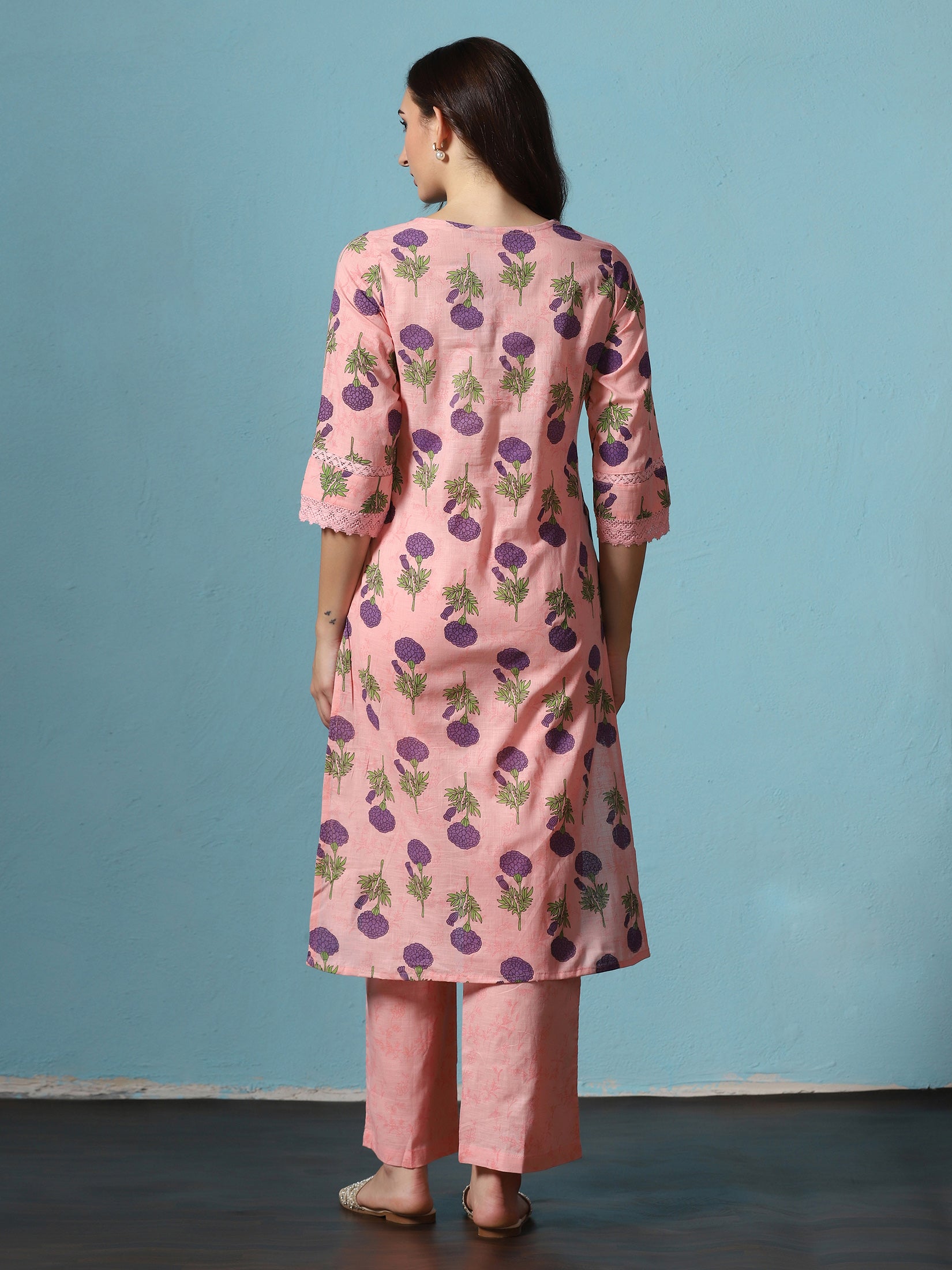 Women Cotton Pink Printed Kurta With Comfort Pant